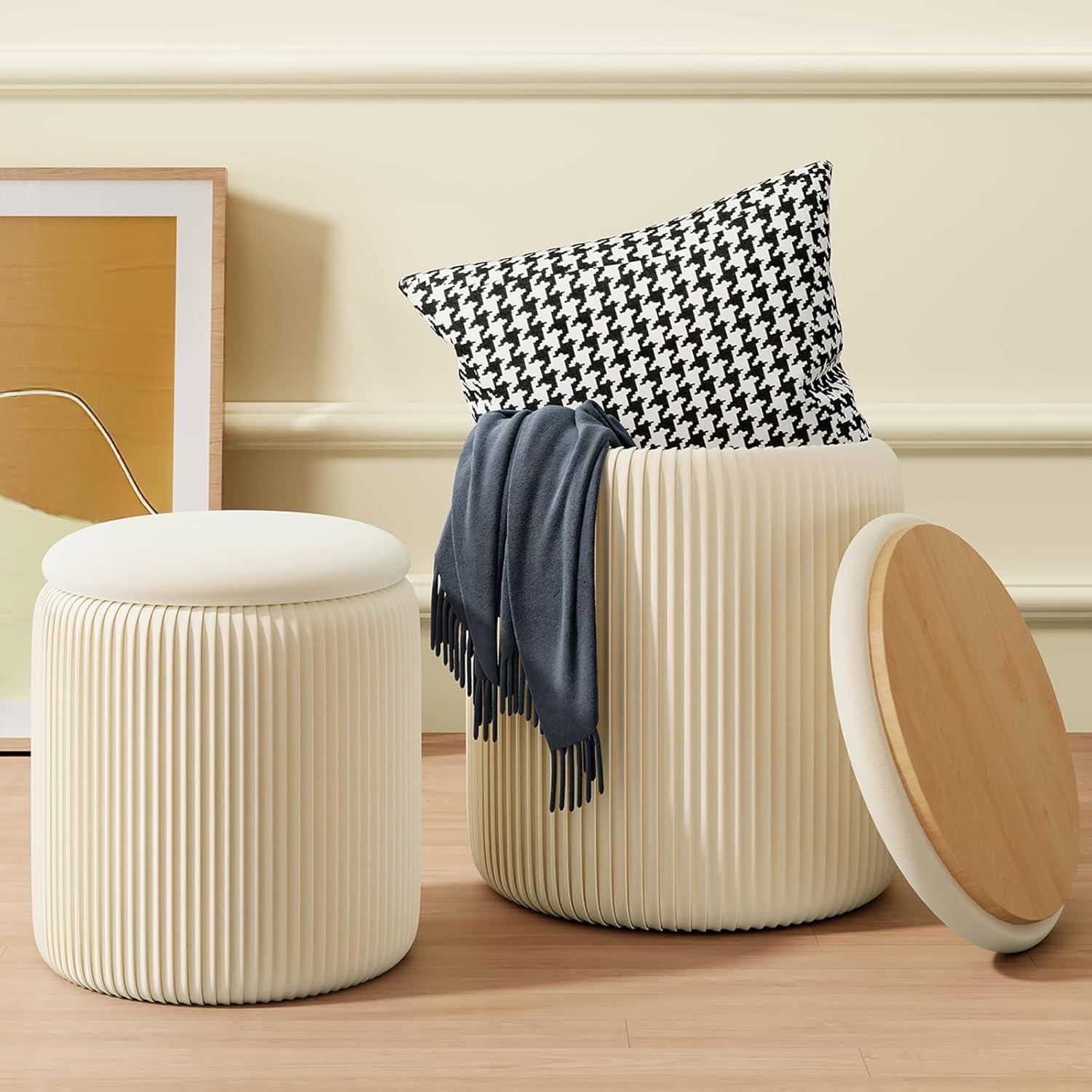 Cream Velvet Round Storage Ottoman Set with Removable Lid