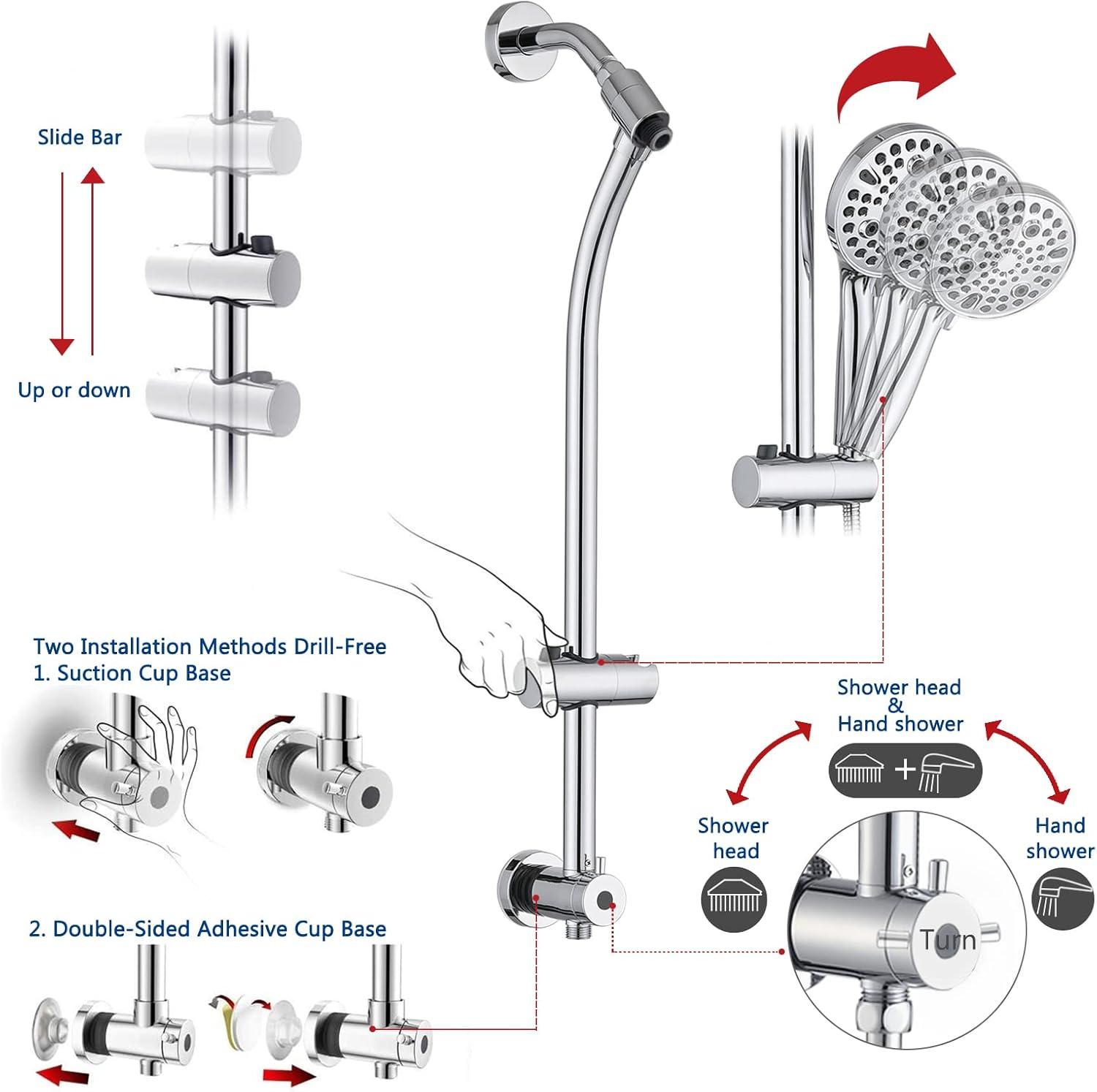 Rainfall Shower Head with Handheld Shower Spray, with 26" Drill Free Adjustable Height Slider Bar, High Pressure Dual Shower Head Combo, 3-Way Diverter for Easy Reach, 5Ft Hose - Chrome Finish