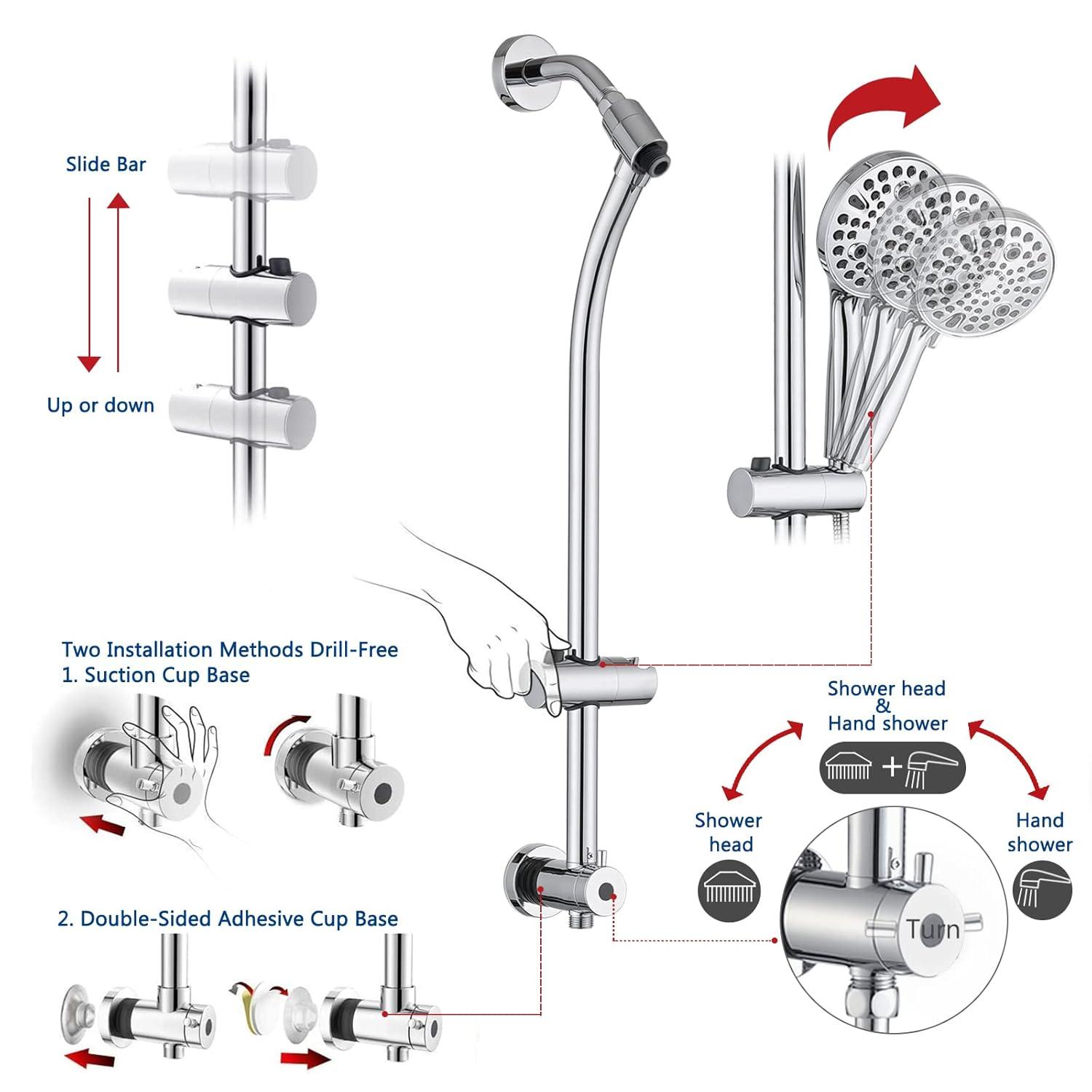 Rainfall Shower Head with Handheld Shower Spray, with 26" Drill Free Adjustable Height Slider Bar, High Pressure Dual Shower Head Combo, 3-Way Diverter for Easy Reach, 5Ft Hose - Chrome Finish