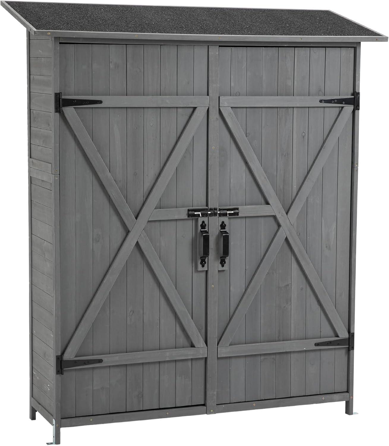 Royard Oaktree Outdoor Storage Shed Garden Storage Cabinet with Double Lockable Door Wooden Tool Shed with 3-Tier Shelves and Hooks Waterproof Tools Organizer for Backyard,Lawn,Grey