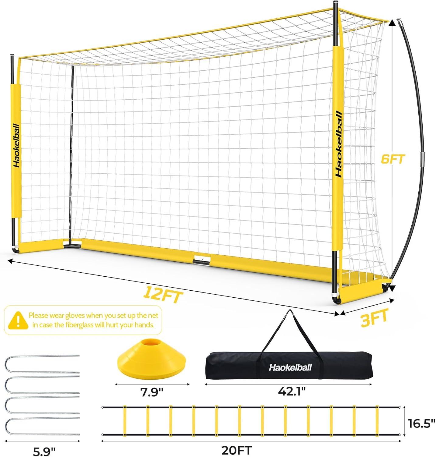 HAOKELBALL Soccer Goal with Agility Ladder and 12 Soccer Cones 12x6 ft Soccer Net for Backyard Quick Setup Portable Soccer Goals with Upgraded Goal Posts and Carry Bag
