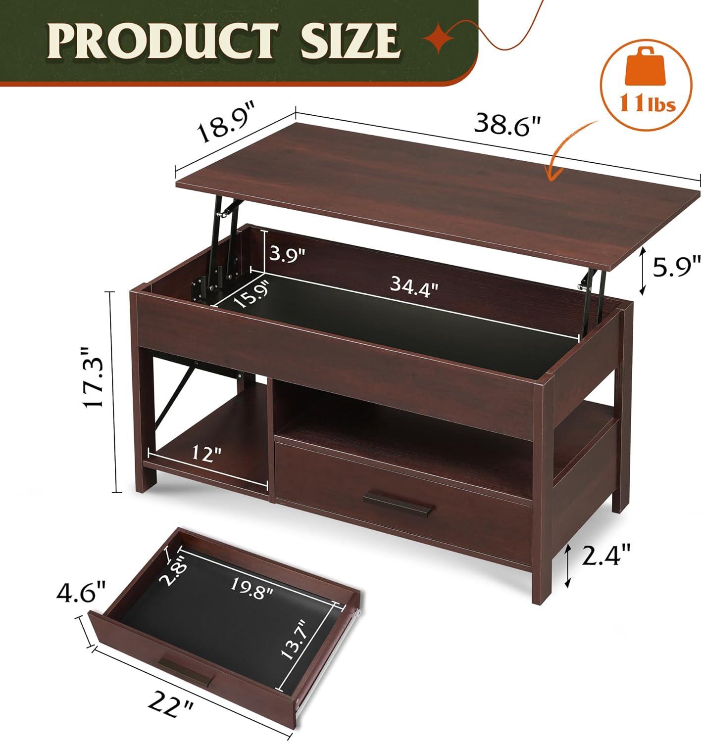 Coffee Table, 39" Lift Top Coffee Table with Hidden Compartment, Storage Drawers and Storage Shelf for Living Room, Reception Room, Espresso