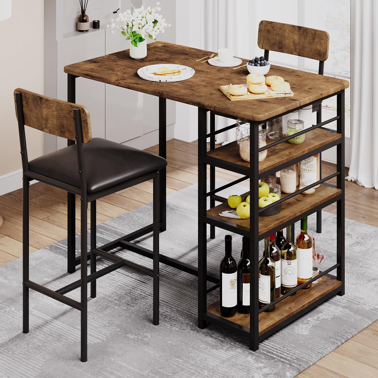 3-Piece Dining Table Set for 2 with Upholstered Bar Chairs, Kitchen Bar Table Set with 3 Storage Shelves, Space-Saving Furniture for Small Spaces, Apartment, Studio, Breakfast Nook