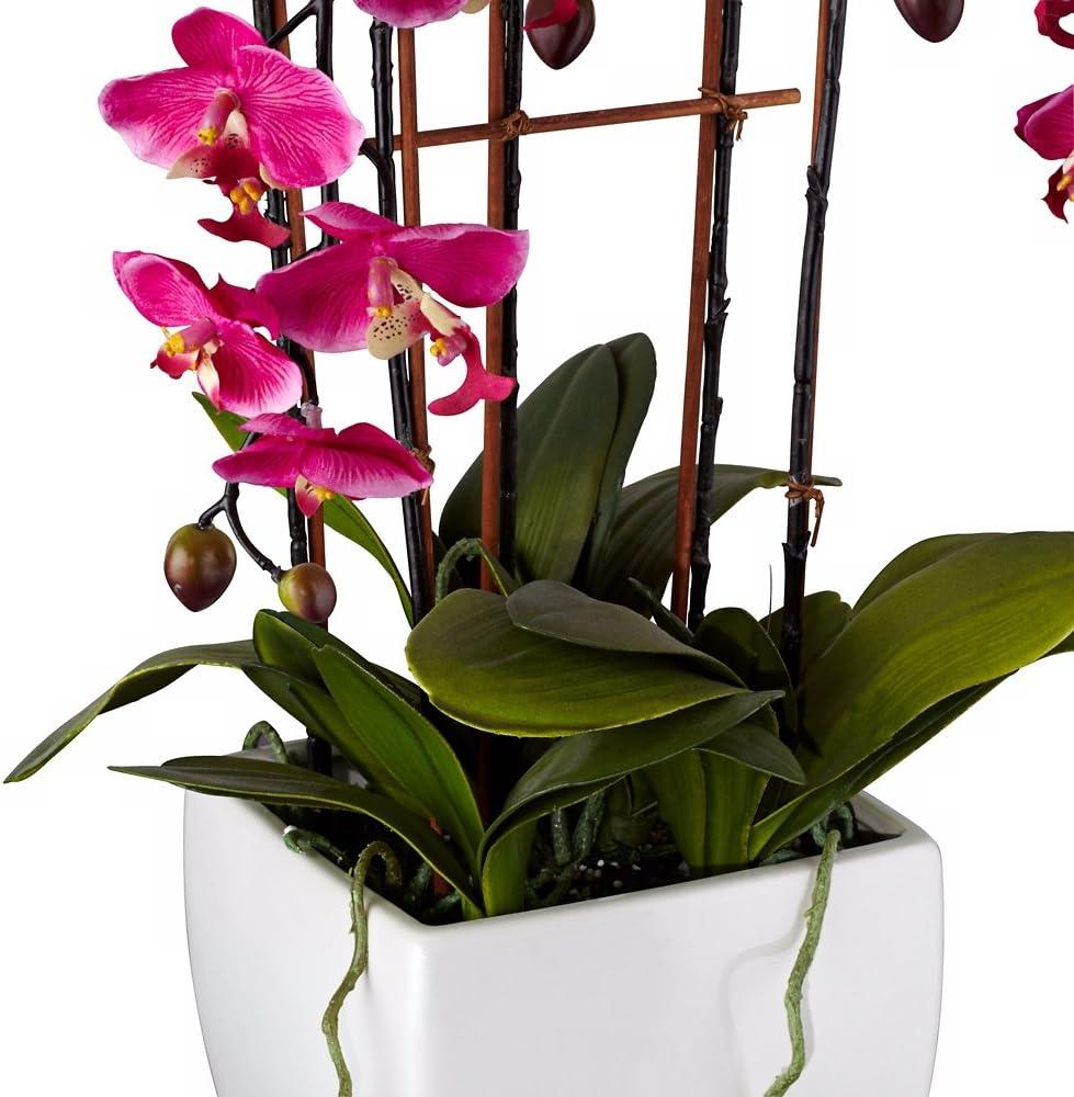 Potted Silk Faux Artificial Flowers Arrangements Realistic Purple Fuchsia Orchid in White Ceramic Pot for Home Decoration Living Room Office Bedroom Bathroom Kitchen 29" High