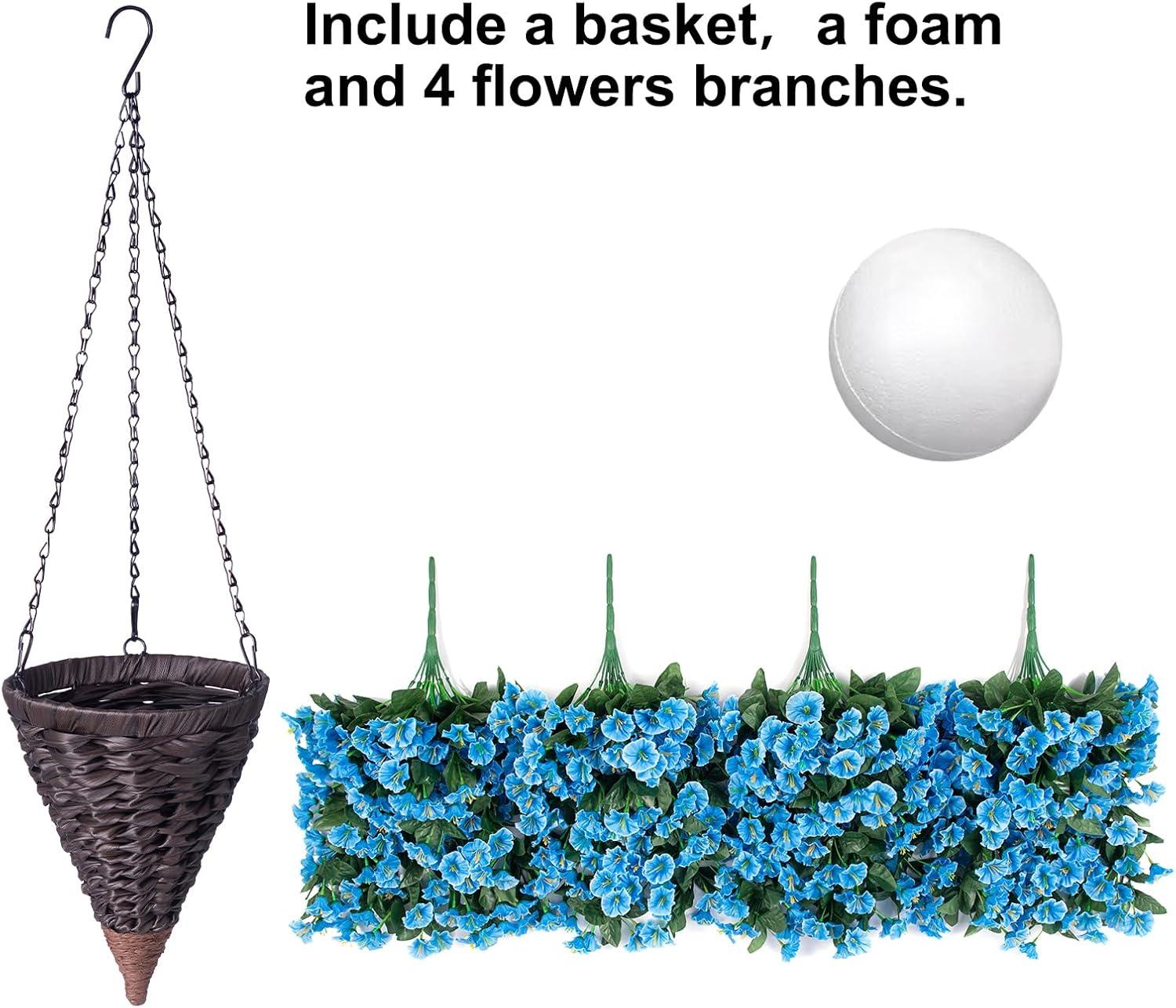 Artificial Hanging Flowers in Basket Fake Plant for Outside, Silk Pink Morning Glory Flower Arrangement for Outdoor Decor, UV Resistant Realistic Floral Planter for Porch Patio Balcony