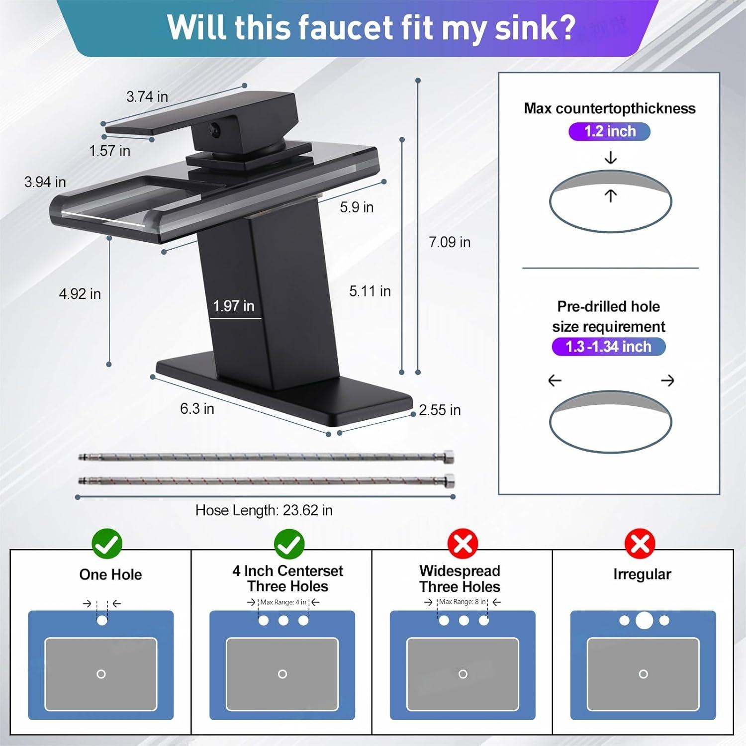 LED Bathroom Sink Faucet, Matte Black Waterfall Single Handle Vanity Faucets for Sinks 1 Hole with Metal Pop Up Drain and 2 Water Supply Lines, Open Glass Spout
