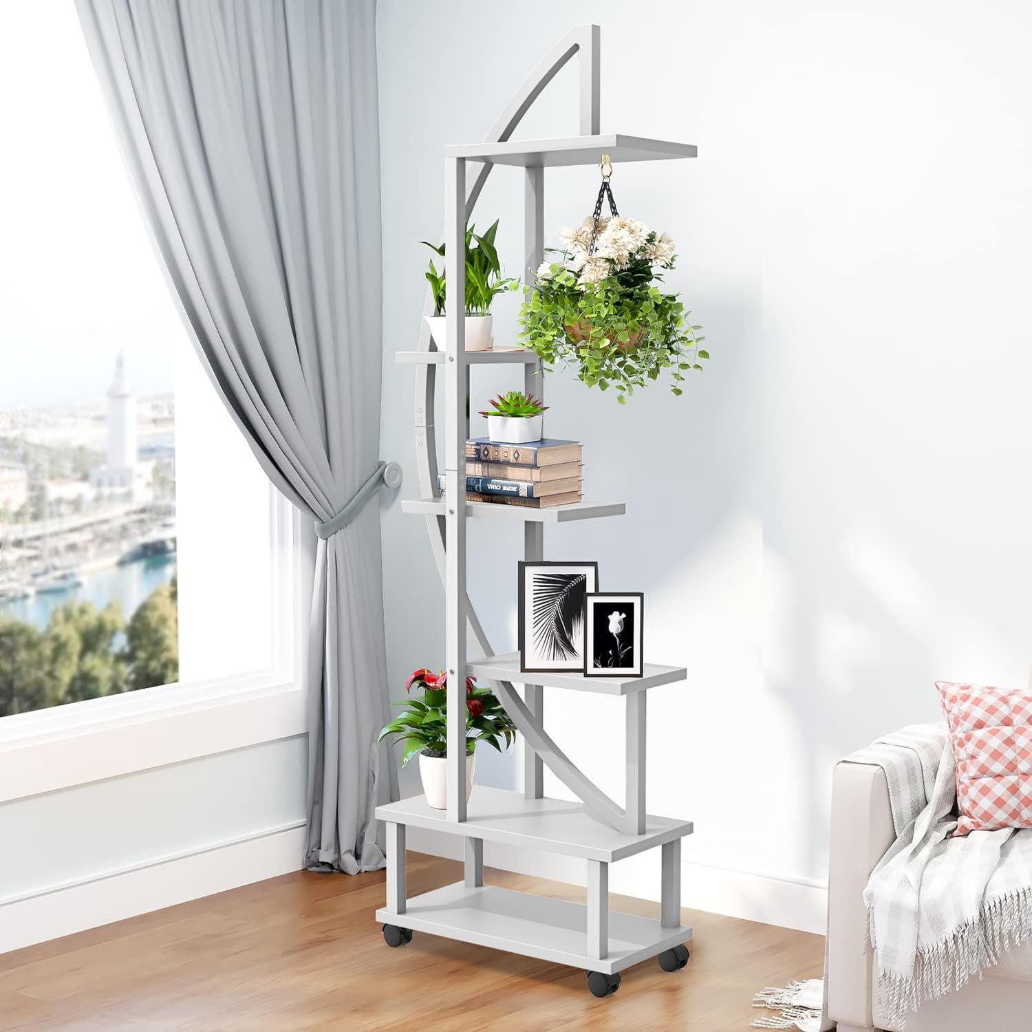 2 Pcs 6 Tier Tall Metal Indoor Plant Stand with Detachable Wheels, Plant Shelf Holder for Outdoor Clearance with Hanging Loop, Half-Moon-Shaped Multi-Purpose Plant Stands for Home Decor, Balcony,