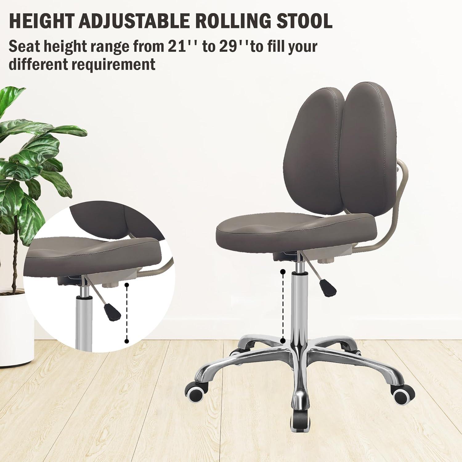 Gray Leather Ergonomic Swivel Drafting Chair with Dual Backrest