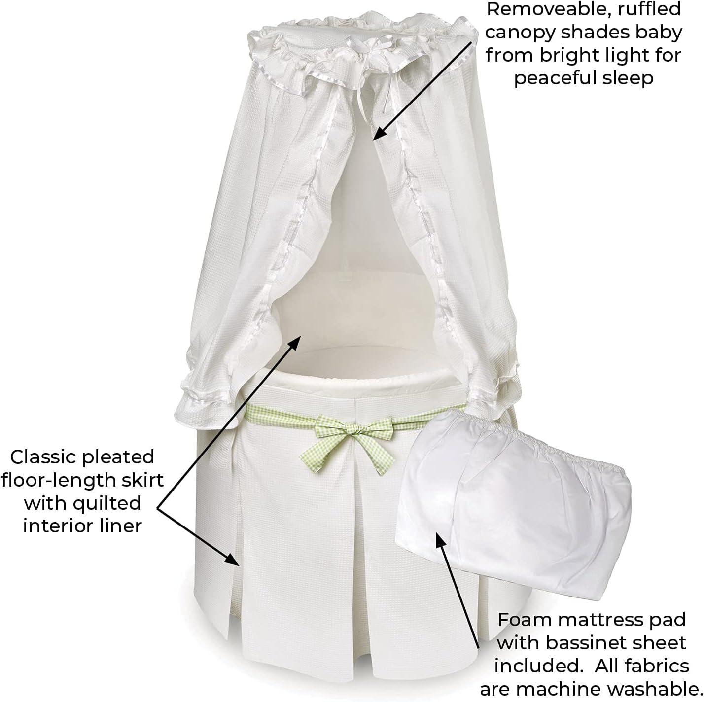 Badger Basket Empress Round Baby Bassinet with Canopy - White Bedding with Gingham Belts