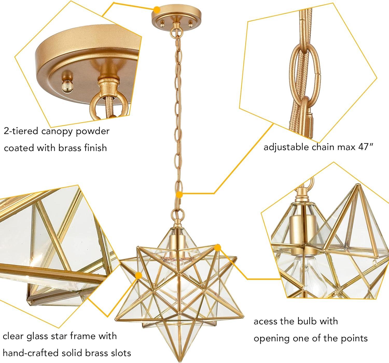 Moravian Star Light Modern Brass Pendant Light 15 Inches with Clear Glass Shade