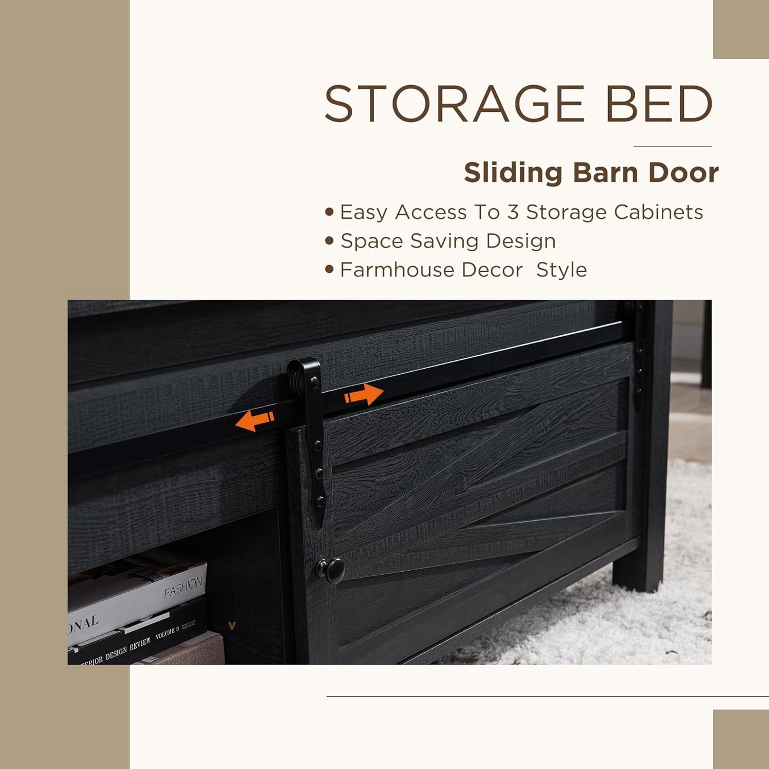 Argana Farmhouse Wood Bed Frame with Headboard and Sliding Barn Door Storage Cabinets