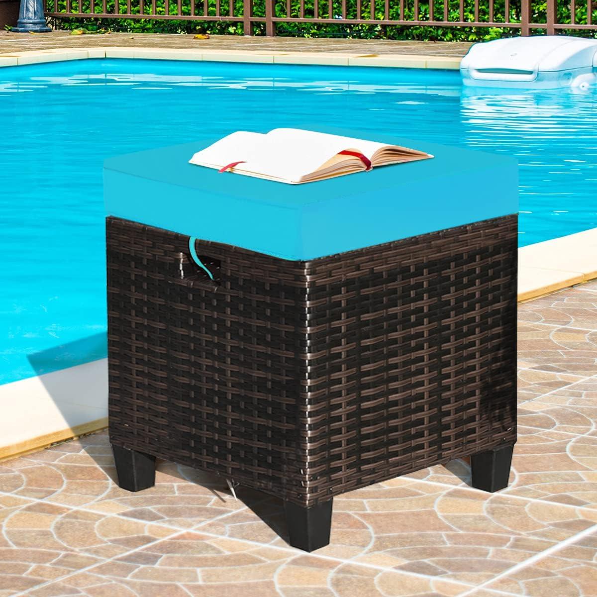 Costway 2PCS Patio Rattan Ottoman Cushioned Seat w/ Foot Rest Turquoise