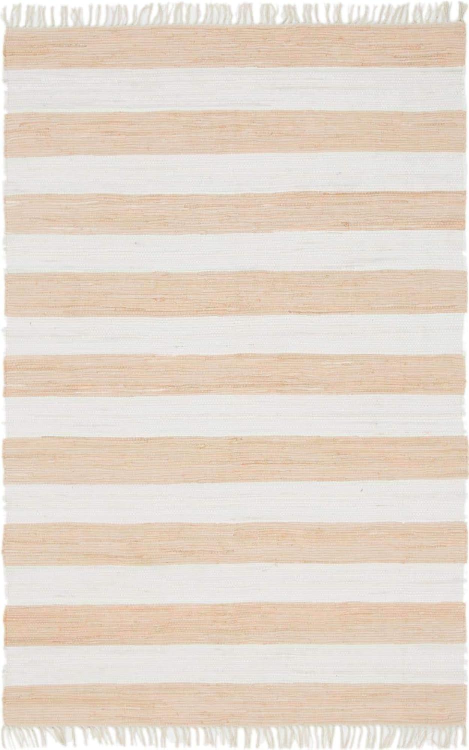 Unique Loom Chindi Rag Collection Area Rug - Striped (6' 1" x 9' Rectangle Beige/Ivory)