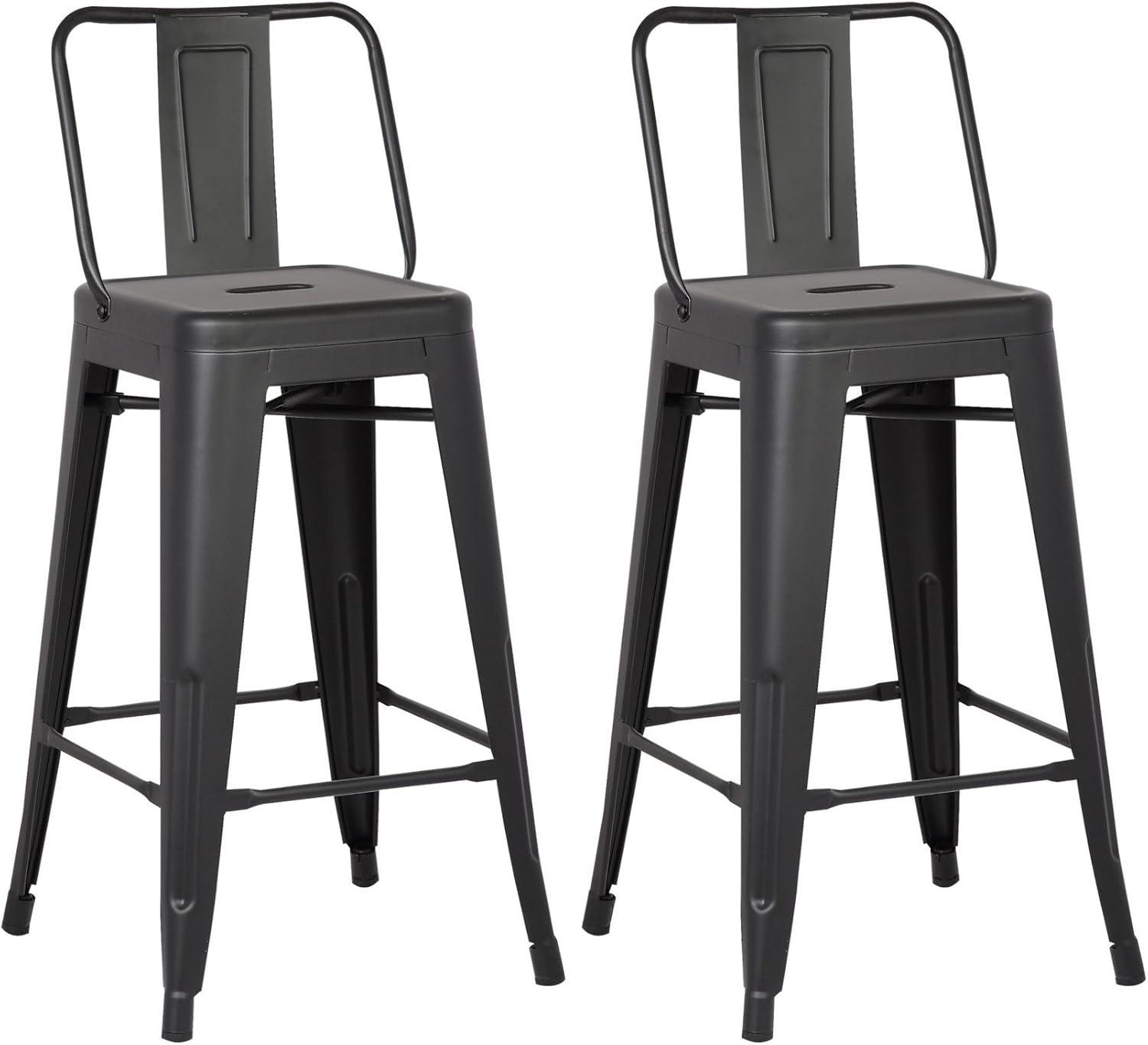 Matte Black Industrial Metal Bar Stools with Low Back, Set of 2