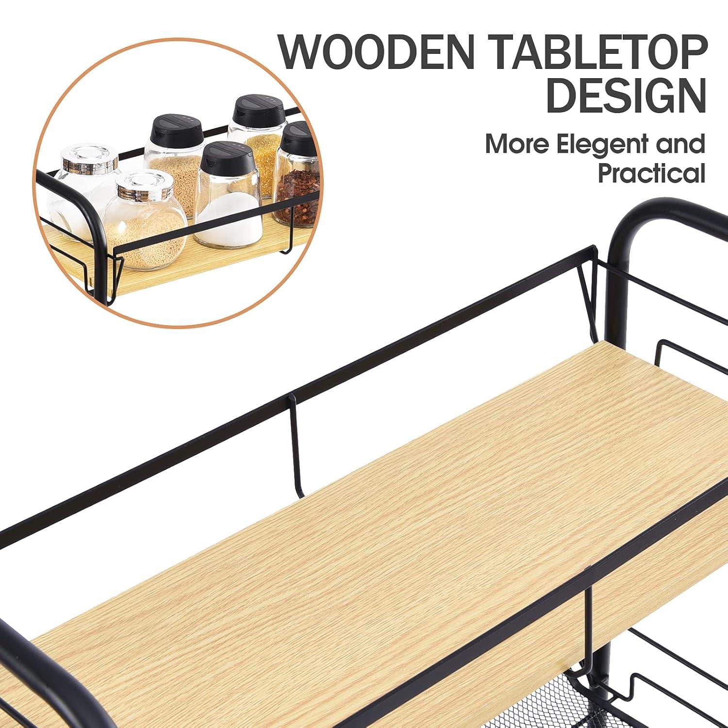 KINGRACK 4-Tier Slim Rolling Cart,Metal Utility Cart,Slide Out Storage Cart with Wooden Tabletop and Mesh Baskets for Narrow Space on Kitchen Bathroom Laundry Room Bedroom Apartments Dormitory, Black