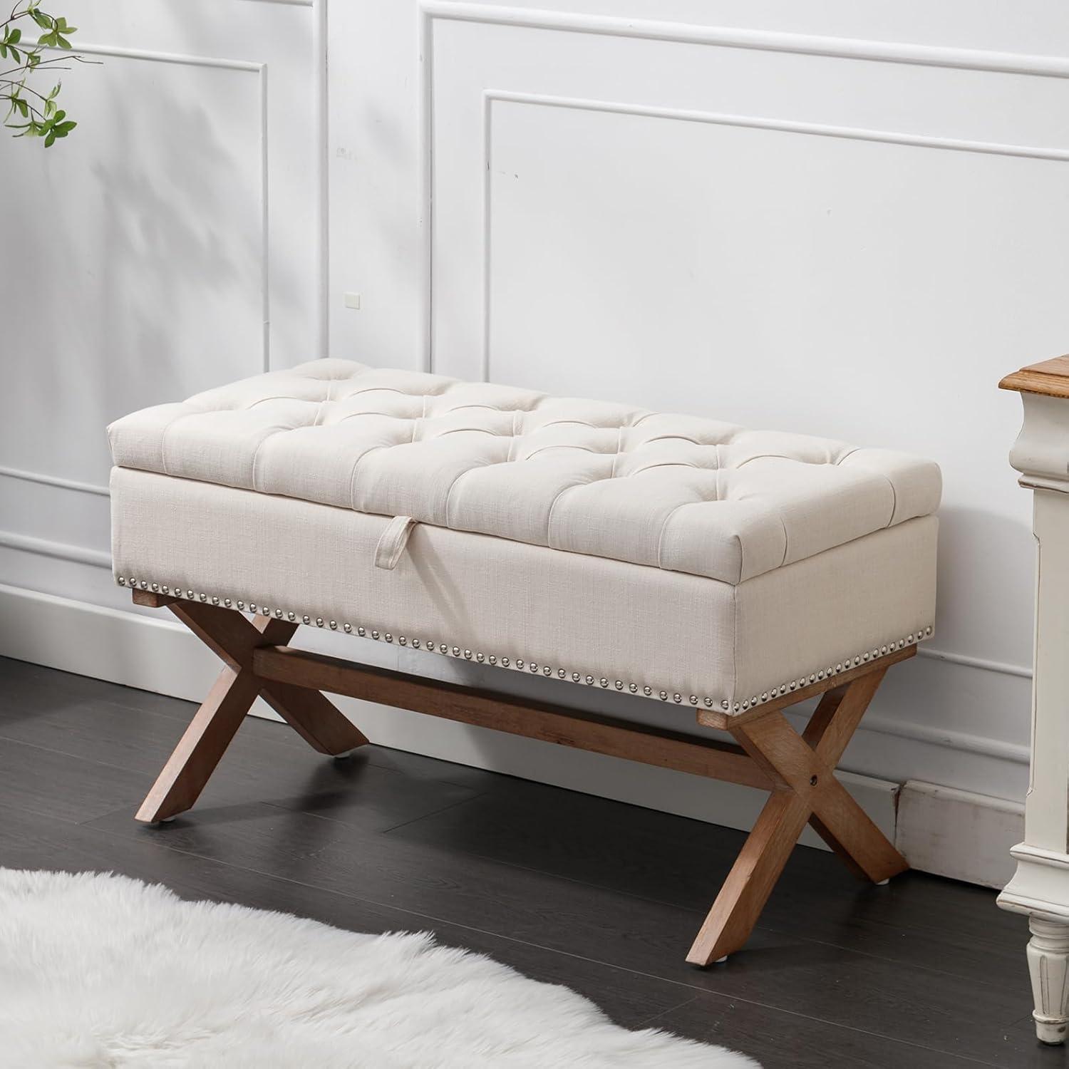 Beige Tufted Linen Storage Bench with X-Shaped Legs