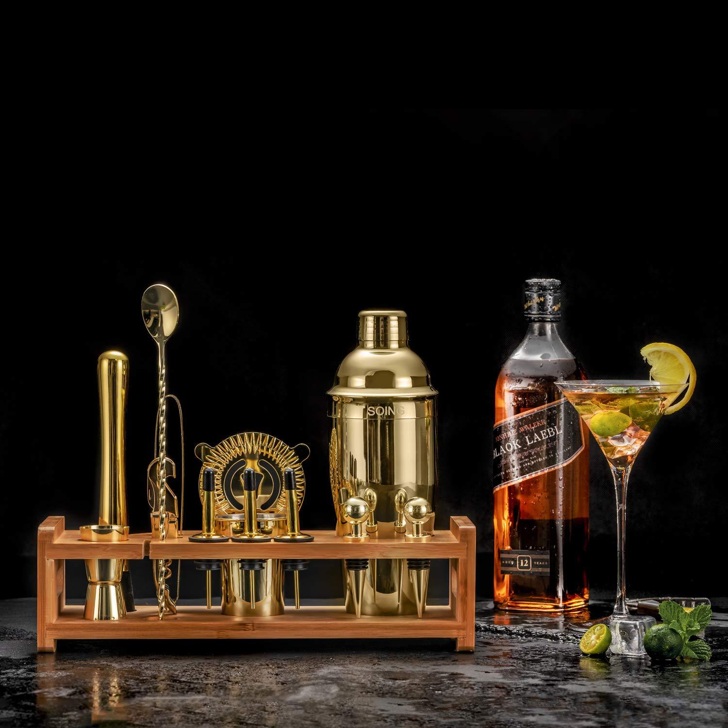 Soing Gold 24-Piece Cocktail Shaker Set,Perfect Home Bartending Kit for Drink Mixing,Stainless Steel Bar Tools with Stand,Velvet Carry Bag & Recipes Included