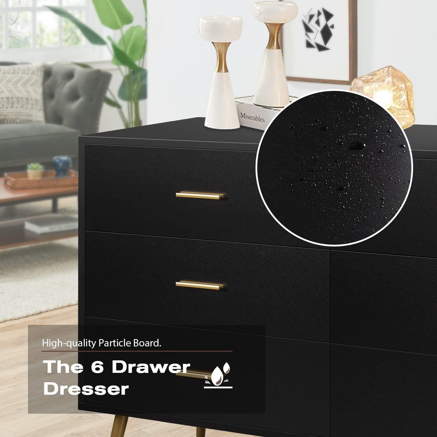 Black Modern 6-Drawer Dresser with Gold Handles