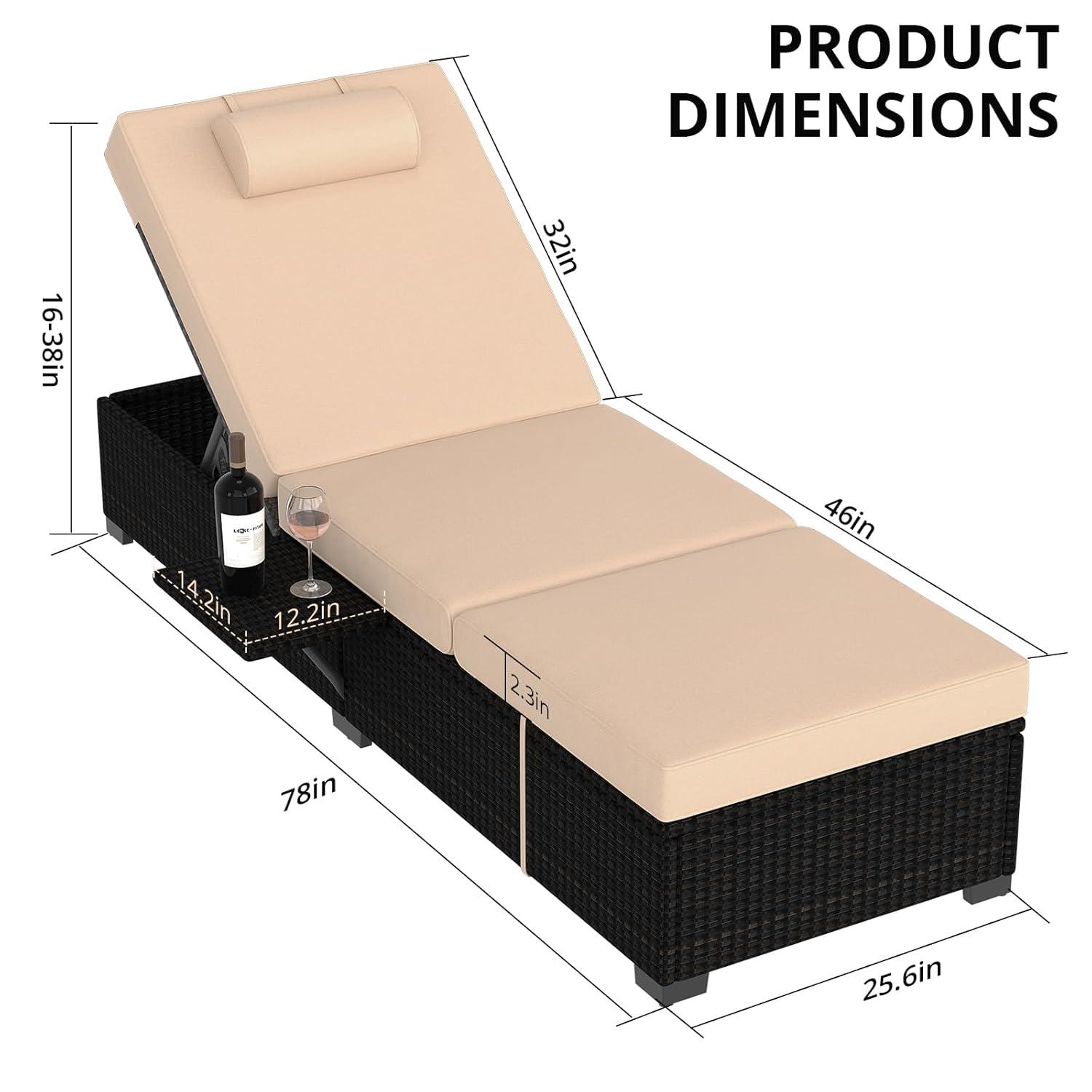 Lounge Chairs Outdoor Set of 2, PE Rattan Chaise Lounge Chair with 5-Position Adjustable Backrest for Patio Beach Pool Deck Backyard, Beige