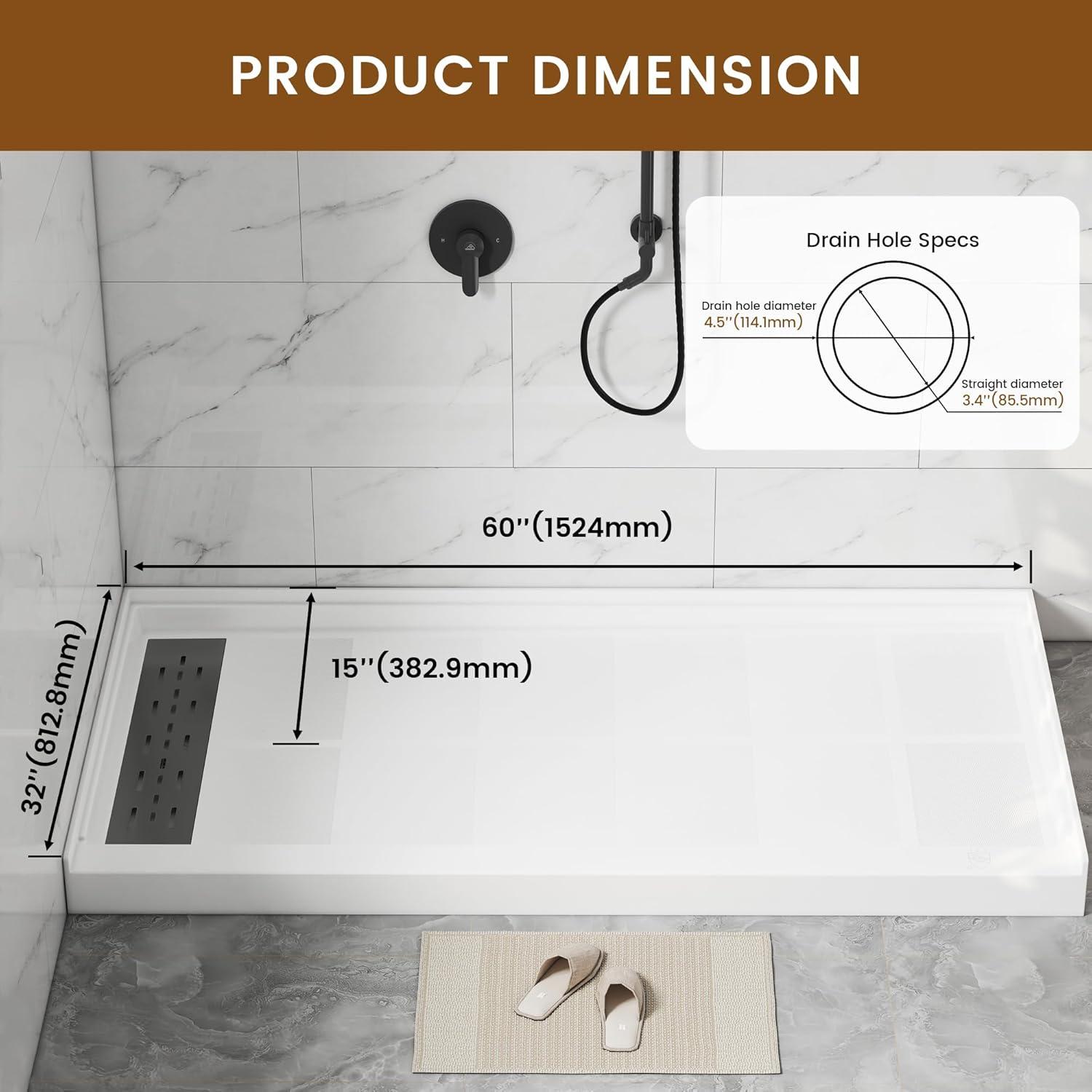 CASAINC CABR2501WH6032L GranVía 60"W X 32"D Single Threshold Shower Base Anti-Slip Shower Pan, Drain Assembly & Drain Cover Included