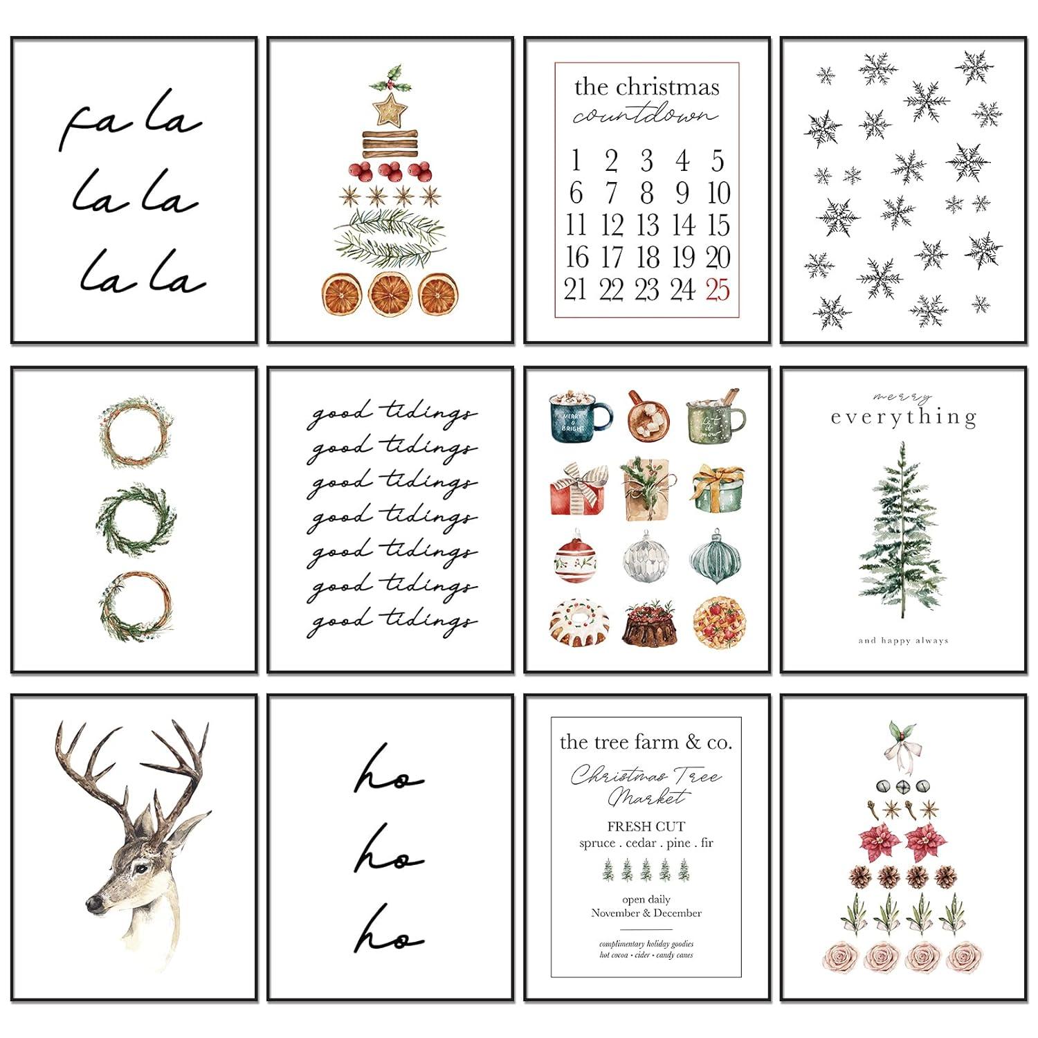 AnyDesign 12Pcs Christmas Wall Art Prints Minimalist Watercolor Xmas Art Poster Aesthetic Cozy Christmas Posters Room Decor for Xmas Tree Winter Gallery Living Room Bathroom (UNFRAMED, 11x14in)