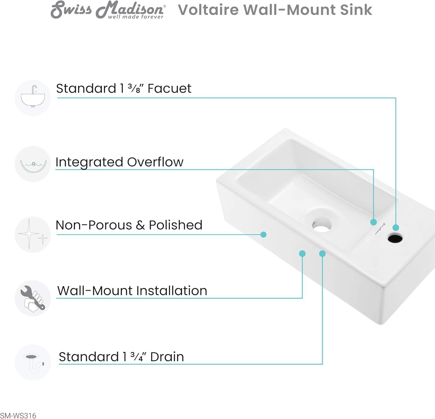 Voltaire Rectangular Ceramic Wall Hung Sink with Right Side Faucet Mount