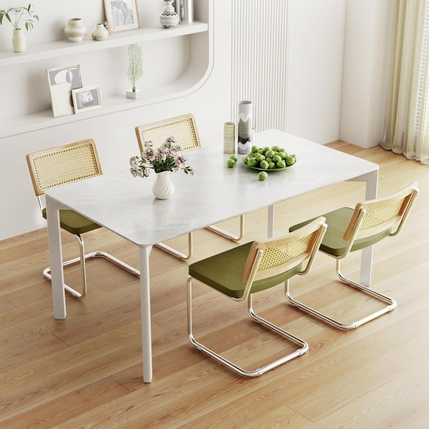 Set of 2, -Century Modern Rattan Backrest Dining Chair - Natural Wood Upholstered Seat with Metal Legs for Home Dining Room Kitchen - Olive Green