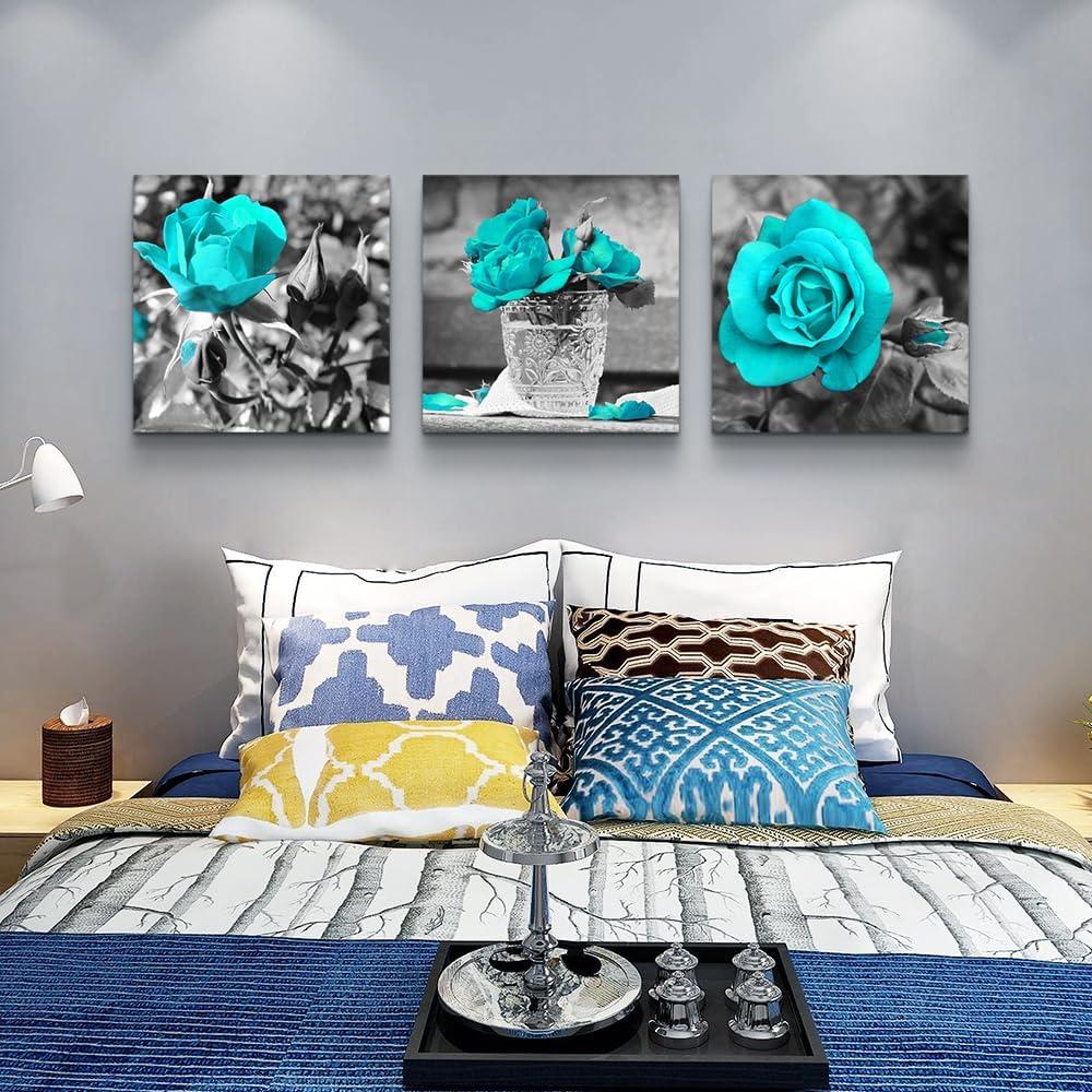 Canvas Wall Art For Bedroom Wall Decor For Living Room Black And White Wall Paintings Blue Rose Flowers Pictures Watercolor Giclee Canvas Prints Ready To Hang Room For Girls Home Decoration 3 Piece