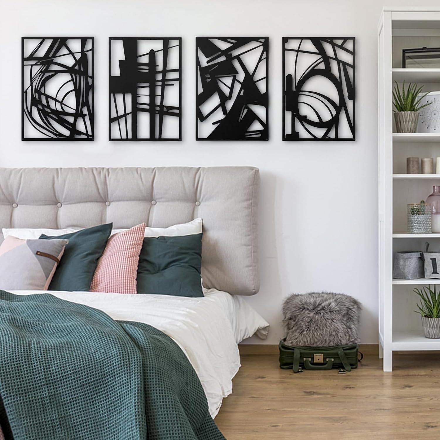 WINUSD 4Pcs Abstract Black Metal Wall Art, 3D Textured Metal Wall Decor, Modern Hollow Out Design Metal Wall Sculptures, Minimalist Line Art Home Decor for Living Rooms Offices Restaurants(16 x 11)