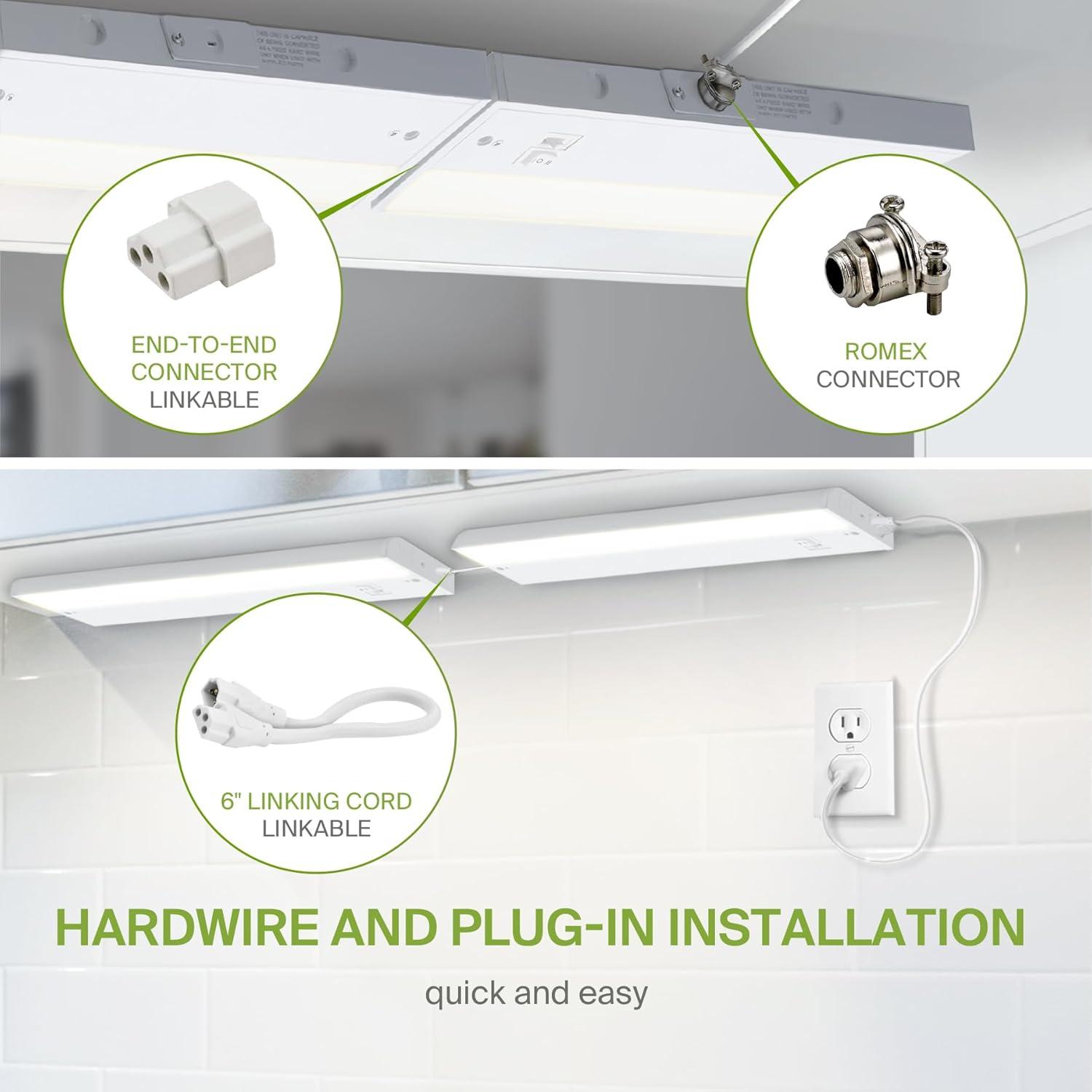 ASD LED Under Cabinet Lighting 9 Inch, Dimmable, Hardwired or Plug-in Installation, 3 Color Levels- 2700K/3000K/4000K, Linkable Kitchen Under Counter Lighting, ETL & Energy Star, White Finish