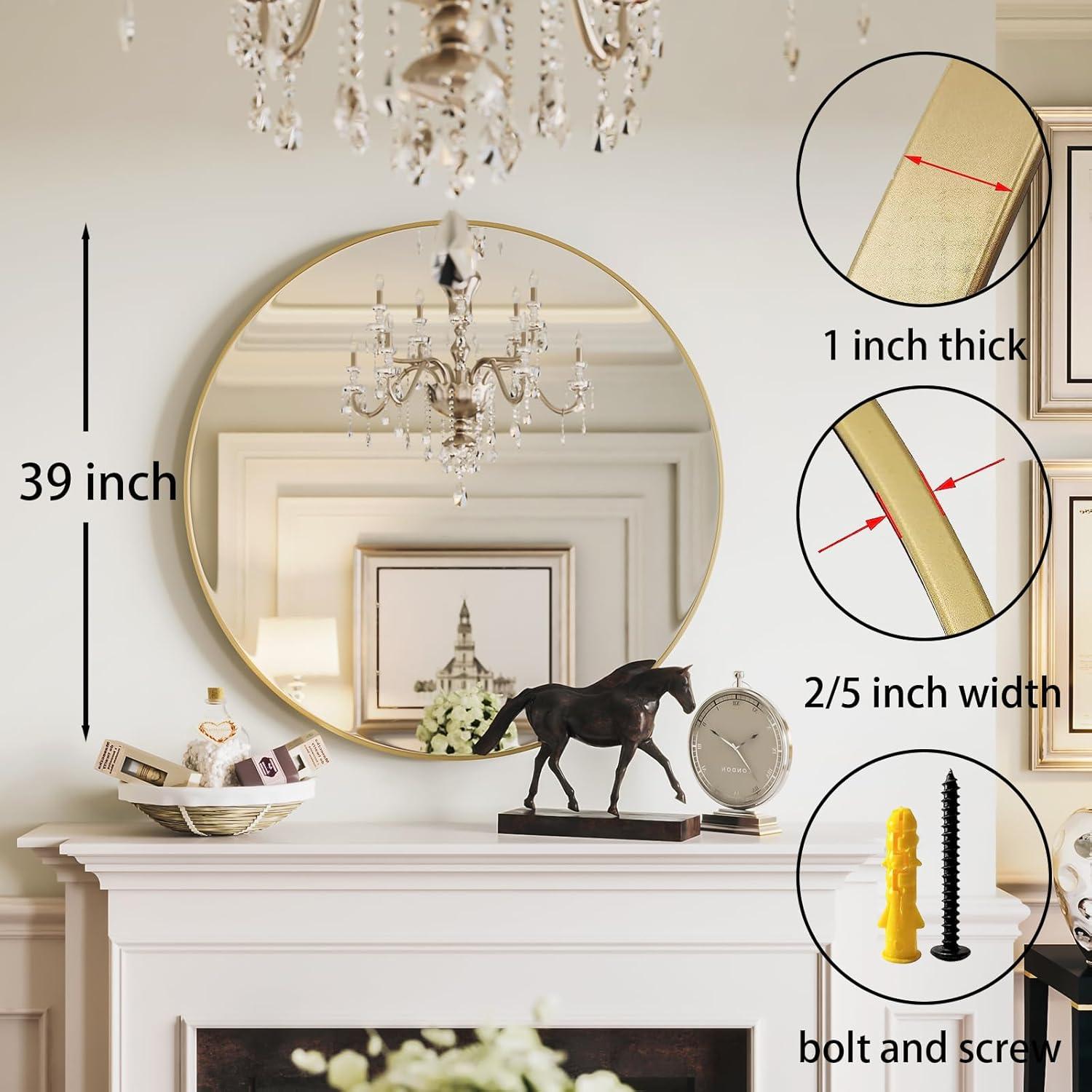 Gold 24 Inch Round Mirror - Bathroom & Wall Decor for Living Room, Entry Way, Bedroom - Metal Framed