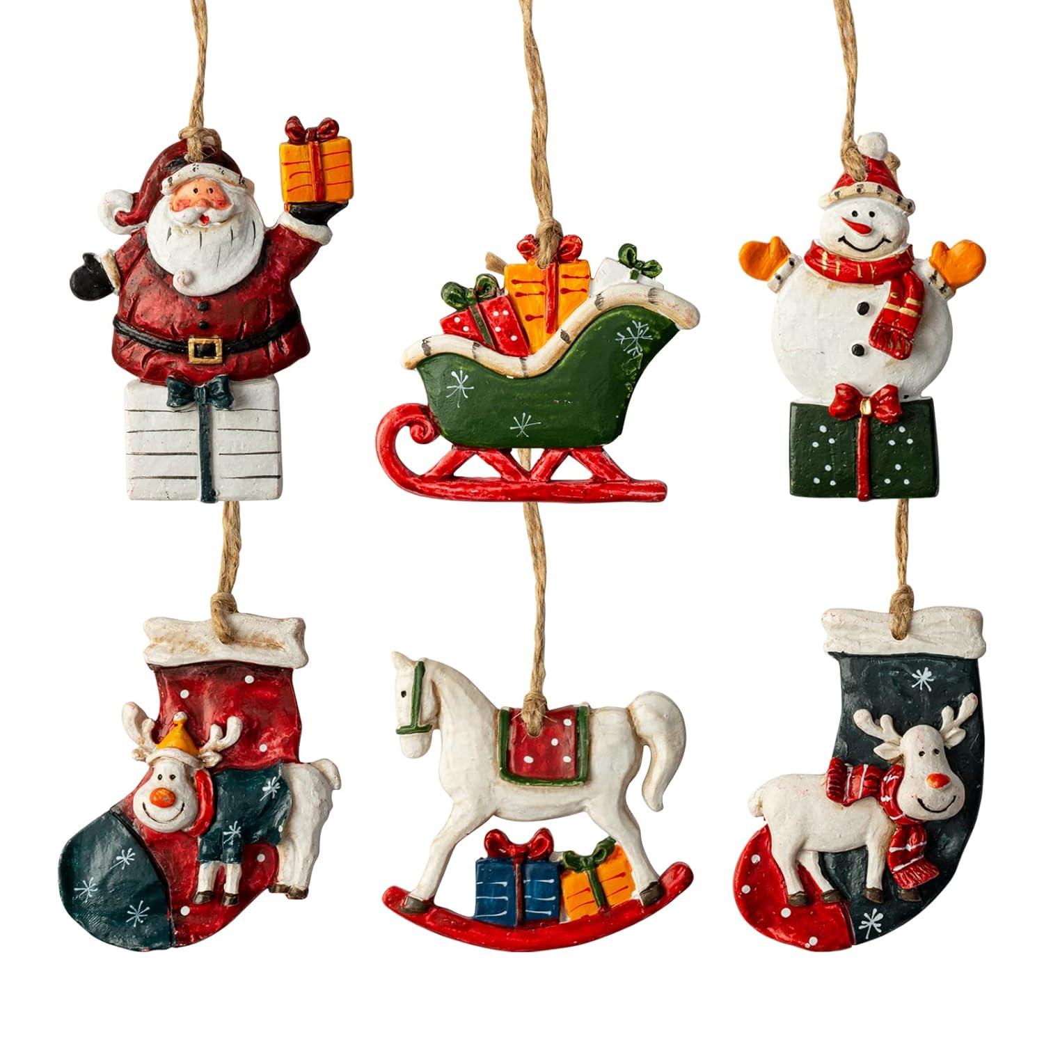 Resin Christmas Tree Ornaments 6-Pack Xmas Hanging Ornaments Santa Snowman Christmas Stocking Sleigh Ornaments for Christmas Tree Holiday Decorations, Outdoor Holiday Home Decorations