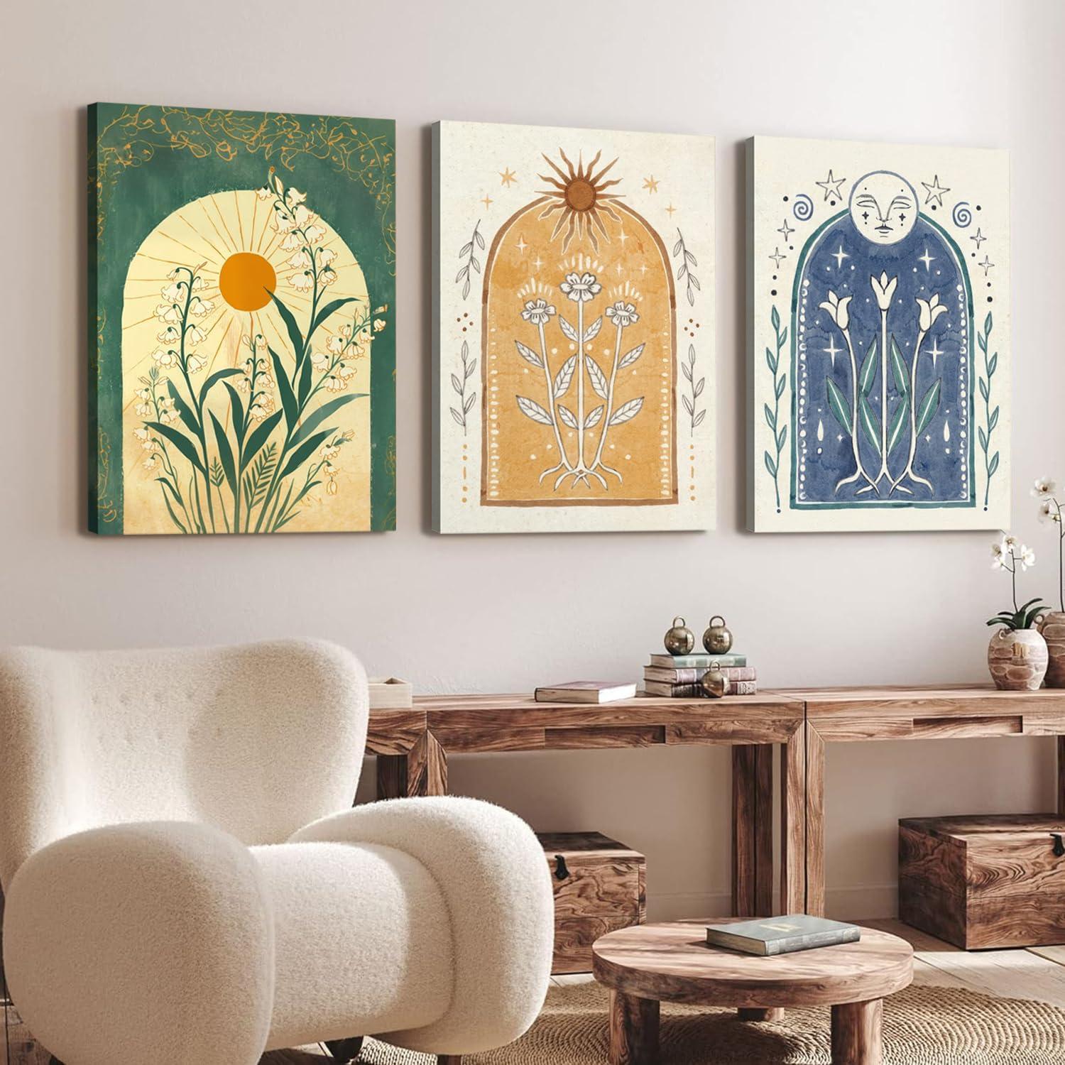 Lark Manor™ 3 Pieces Minimalism Botanical Canvas Wall Art Pink Flowers Line Plants Pictures Wall Decor Posters Print Artwork For Room Living Room Bedroom Bathroom Office Home Decoration