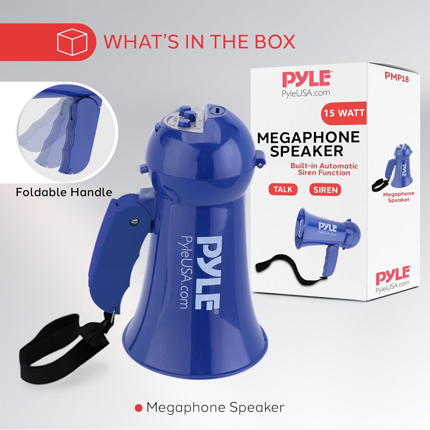 Pyle Portable Battery Operated Megaphone - Mega Horn Loudspeaker with Built-in Siren and Dynamic Microphone - Ideal for Cheering at Football Games, Mini Bullhorn for Kids and Adults,Navy Blue
