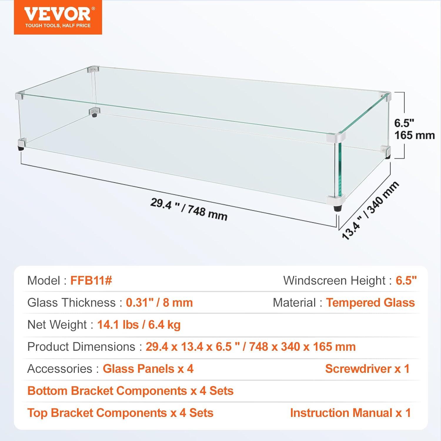 Glass Wind Guard for Rectangular Fire Pit Table 29 x 13 x 6.5 Inch, 0.31 inch Thick and Sturdy Tempered Glass Panel with Hard Aluminum Corner Bracket & Rubber Feet, Easy to Assemble