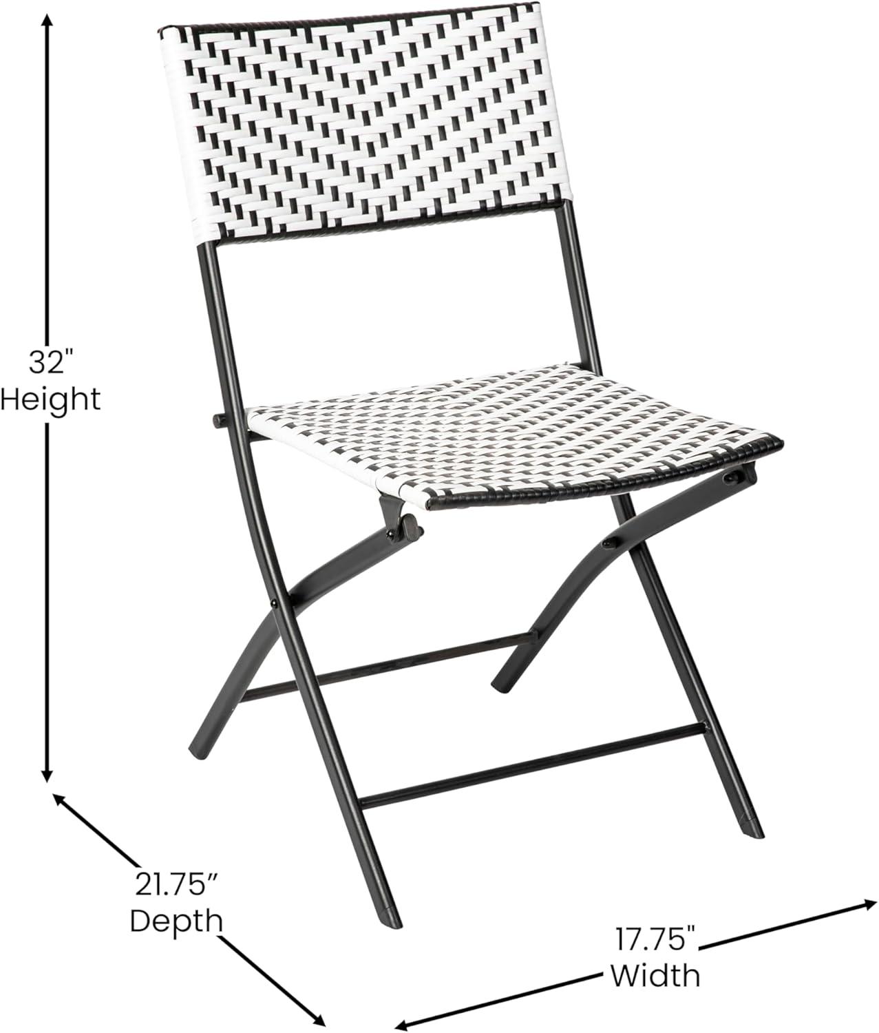 Black and White PE Rattan Folding Bistro Chairs with Metal Frames, Set of 2