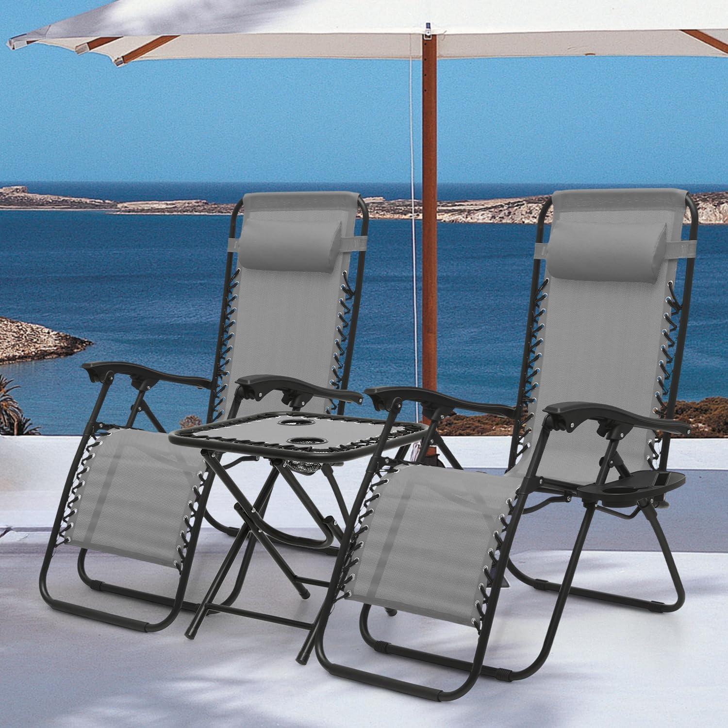 MoNiBloom Zero Gravity Chairs Set of 3, Folding Reclining Chairs with Folding Table, for Pool Patio Lawn Beach Vacation, Grey