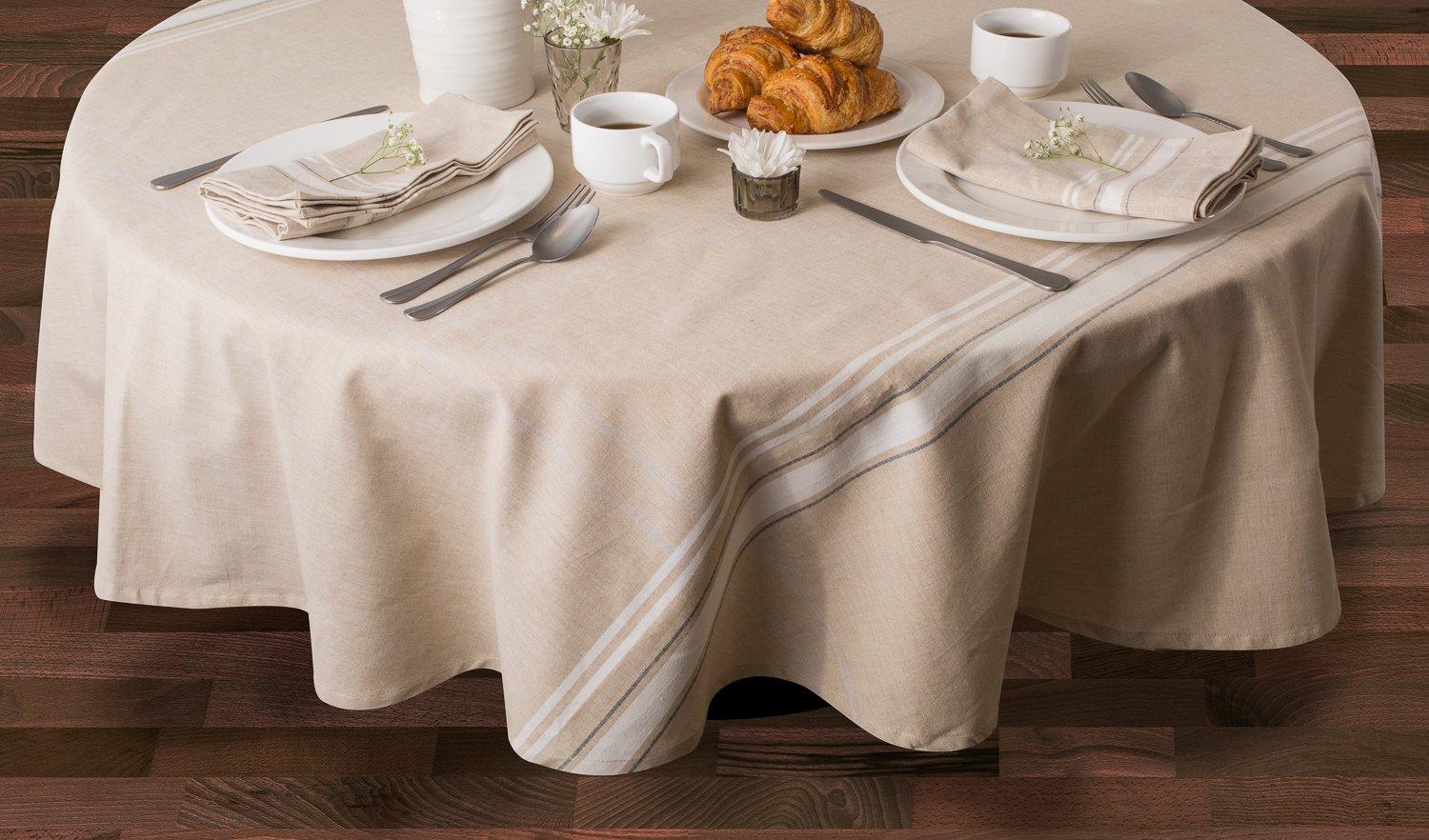 Greige and White Cotton Round Tablecloth, 70 Inches