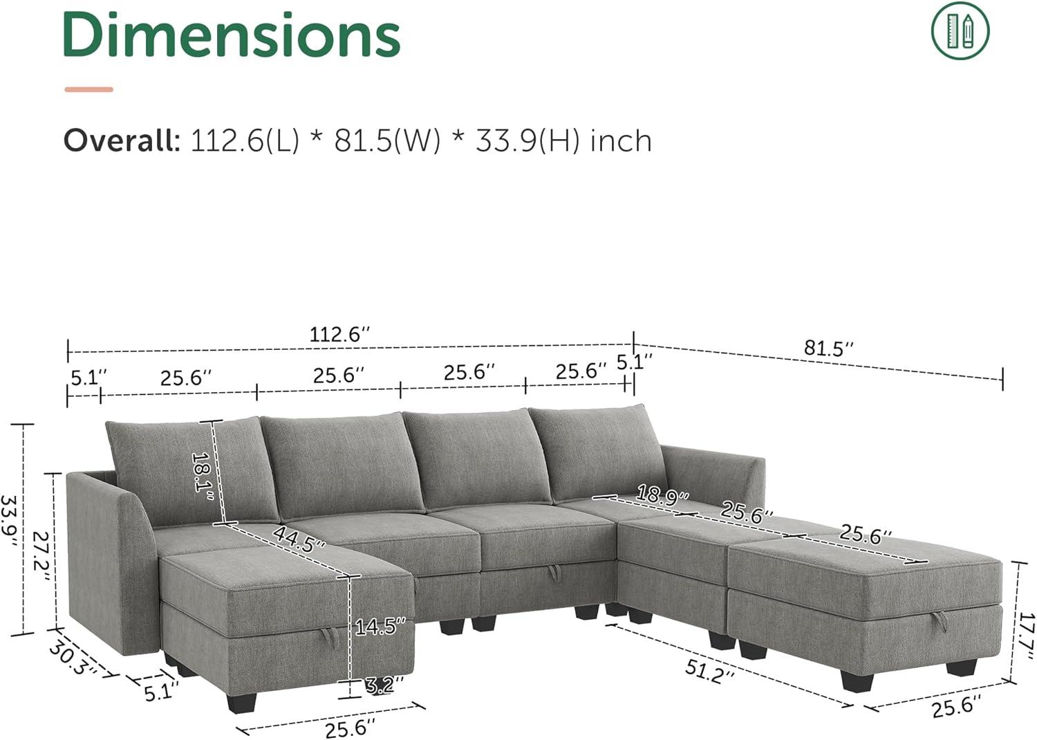 HONBAY U Shape Modular Sectional Sofa with 7 Seaters Sofa Couch with Storage Reversible Chaises, Grey