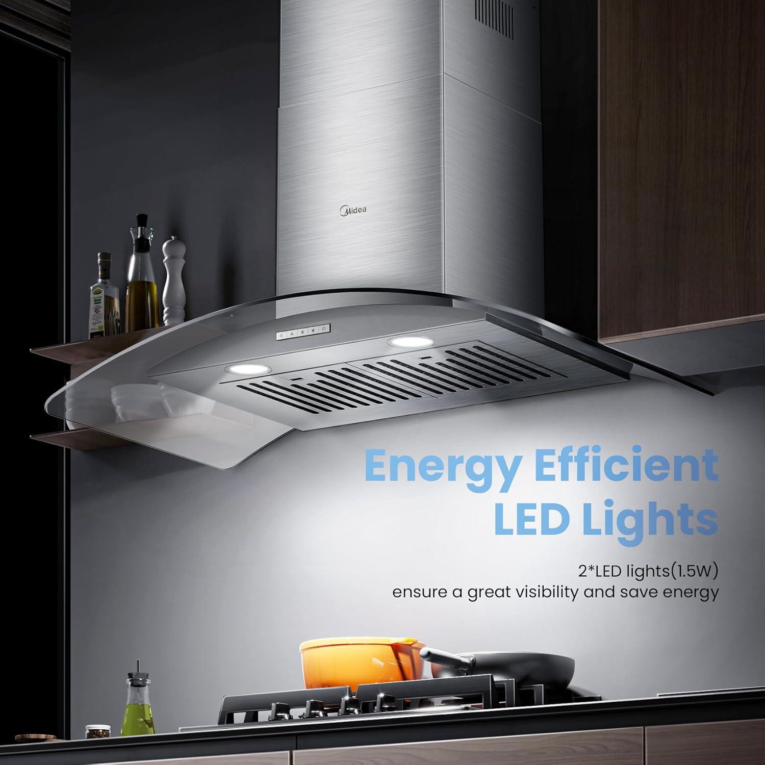 Midea 30"Range Hood, 450 CFM, 3 Speed Fan,Curved Glass, 2 LED Lights, Convertible to Ductless