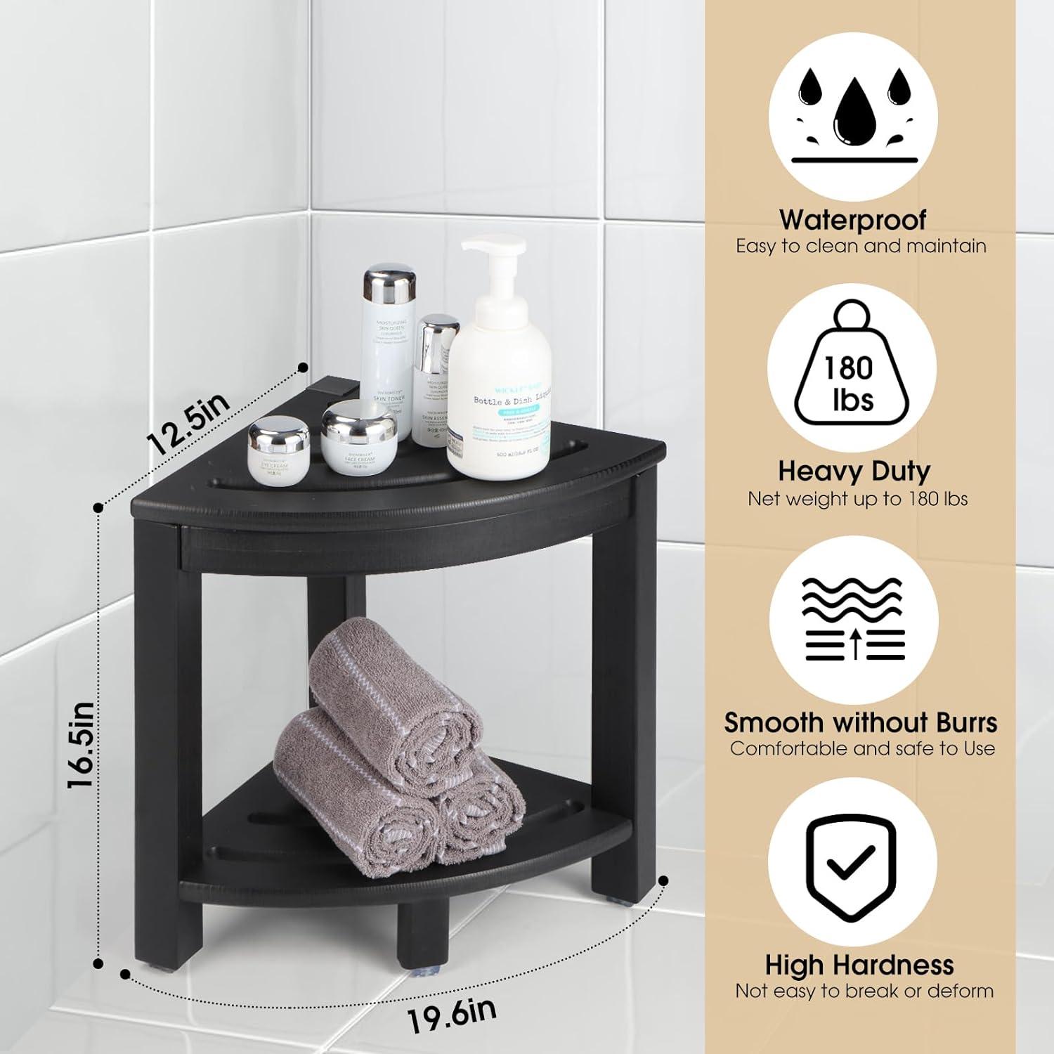 HDPE Corner Shower Stool,Shower Bench Seat with Storage Shelf for Shaving Legs Plastic Spa Bath Step Foot Rest for Bathroom Small Place (Black)