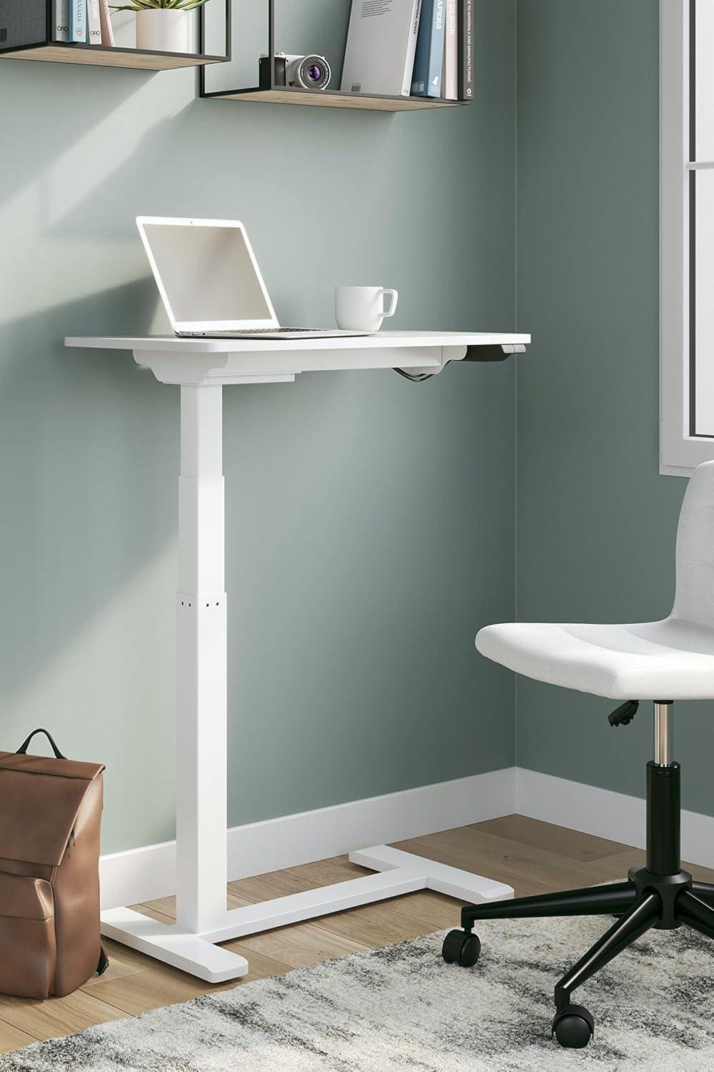 Adjustable Height White Wood Side Desk with Power Outlet