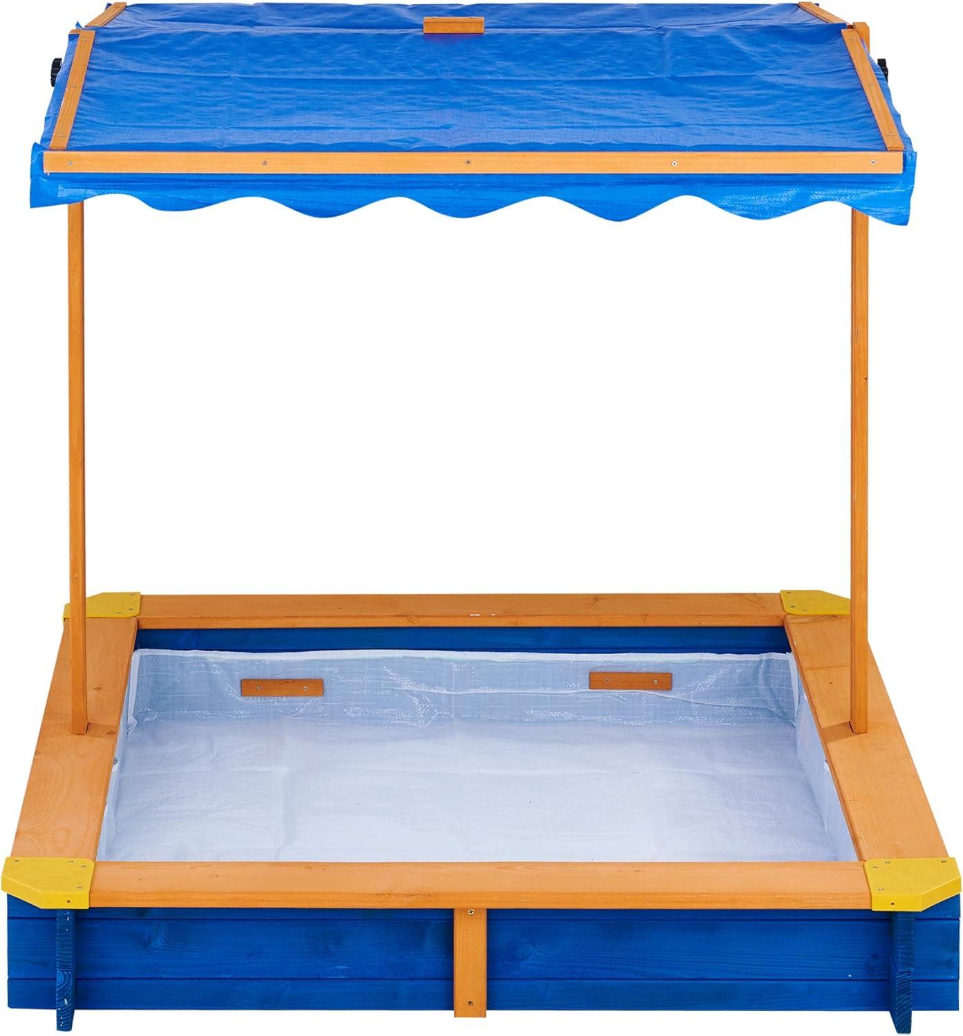 Teamson Kids Outdoor 46" x 46" Spruce Sand Box with Adjustable Canopy, Blue/Wood