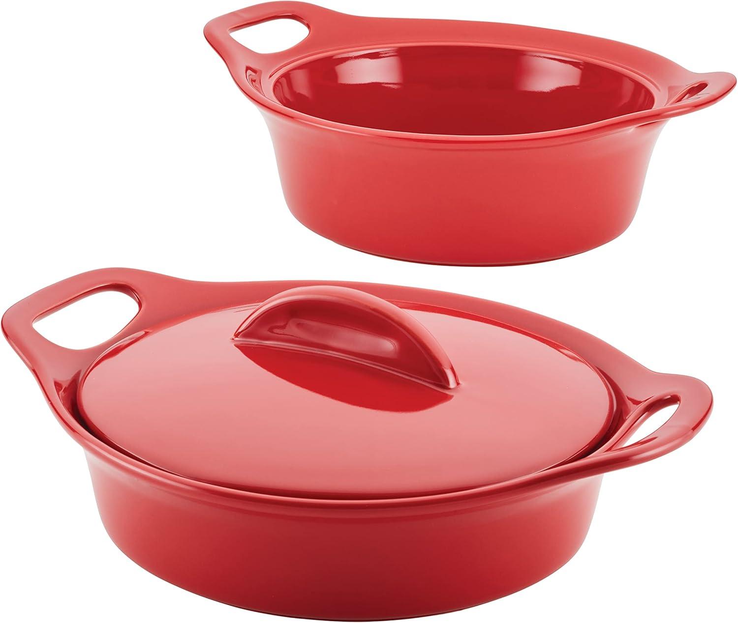 Red Ceramic Round Casserole Dish Set with Lid, 3-Piece