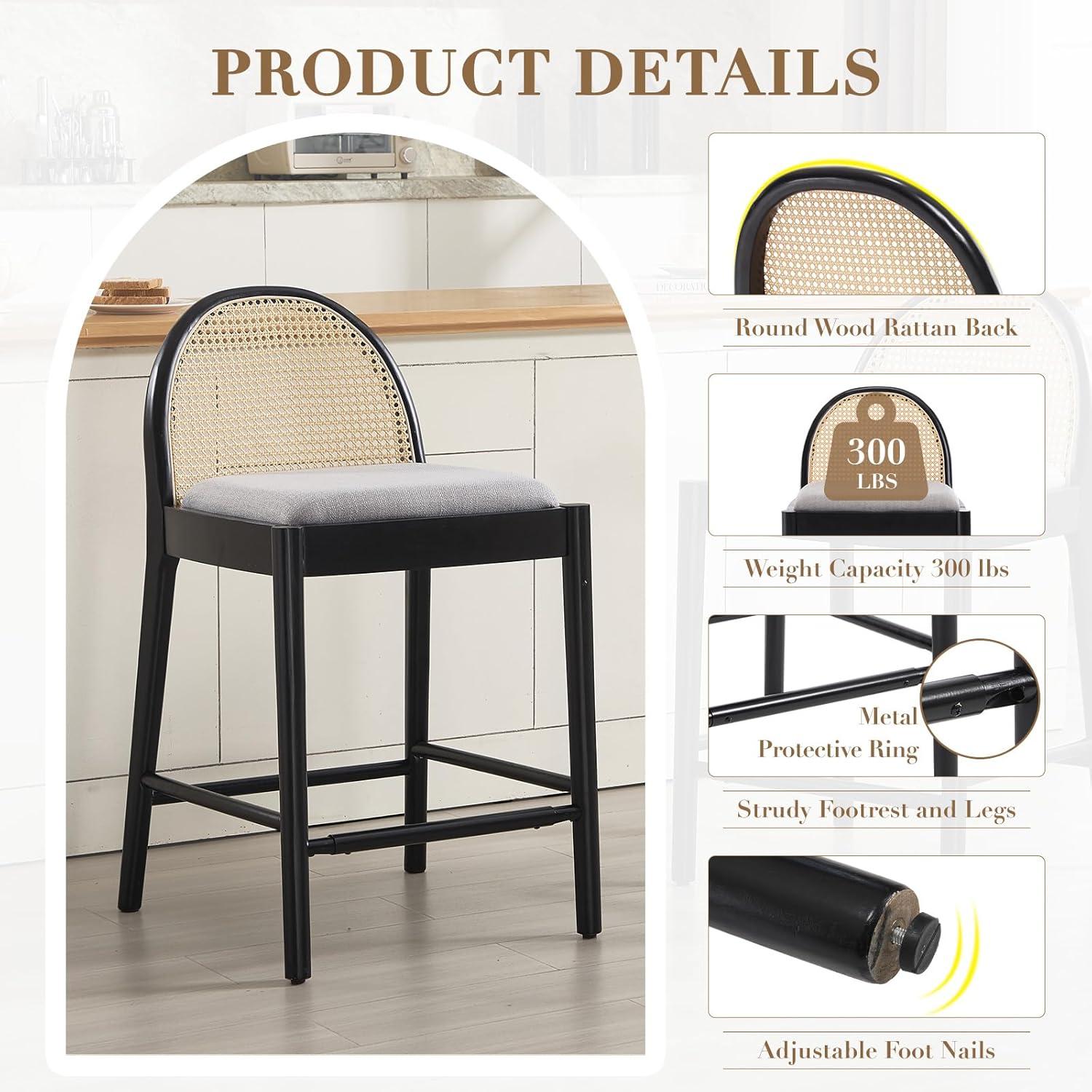 Bayou Breeze Emington Modern Stools with Rattan Backrests and Wood Frame (Set of 2)