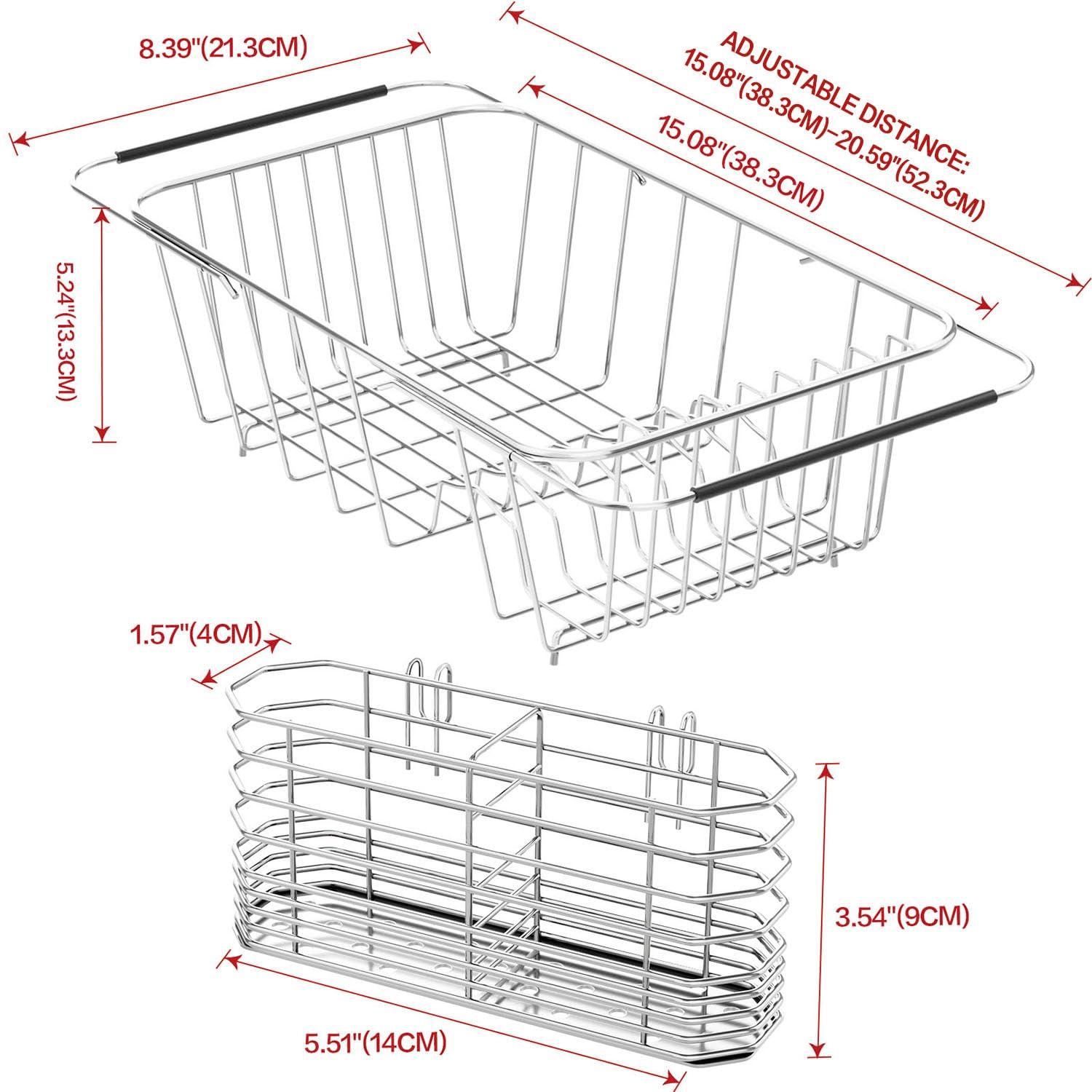 Small Dish Drainer Rack in Sink Adjustable, Expandable Stainless Steel Metal Dish Drying Rack Organizer with Stainless Steel Utensil Holder Over Inside Sink Counter, Rustproof(for 1-2 People)