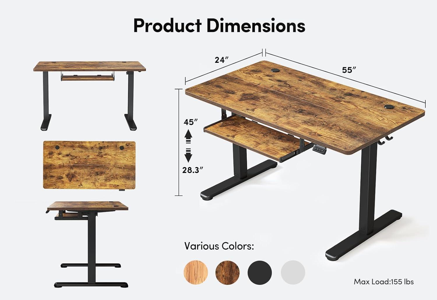 BANTI 55" x 24" Height Adjustable Electric Standing Desk with Keyboard Tray, Sit Stand up Desk with Splice Board, Black Frame/Rustic Brown Top