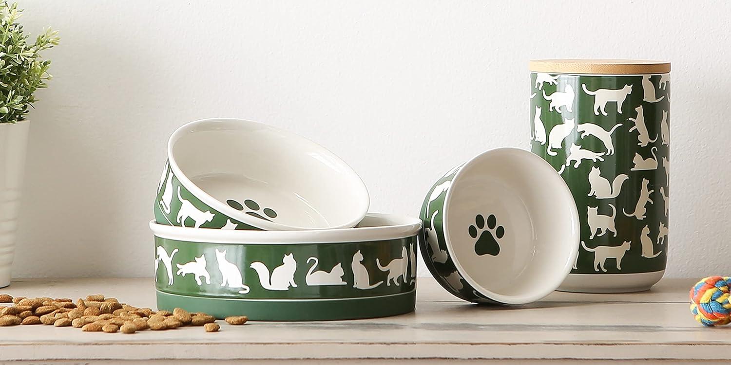 Bone Dry Ceramic Cat Bowls, Microwave & Dishwasher Safe, Medium, 6x2", Hunter Green, 2 Count