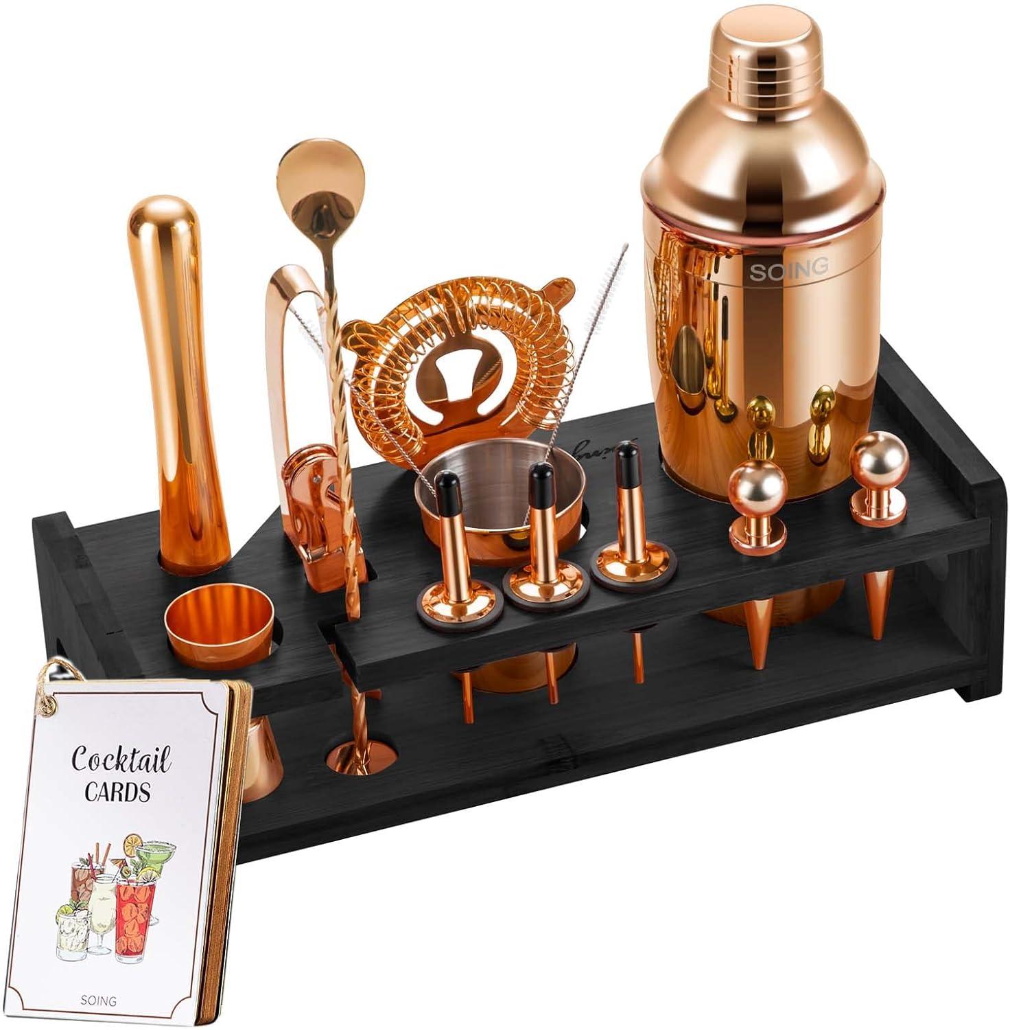 Rose Copper 24-Piece Stainless Steel Bartender Kit with Stand