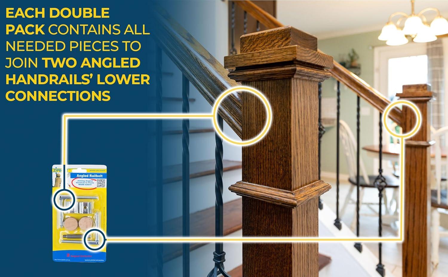 Zipbolt 11.560 Angled Railbolt — Angled Staircase Handrail to Newel Post Connector for Lower Connection, Residential and Commercial Installation, New Construction and Remodels — 1 Double Pack